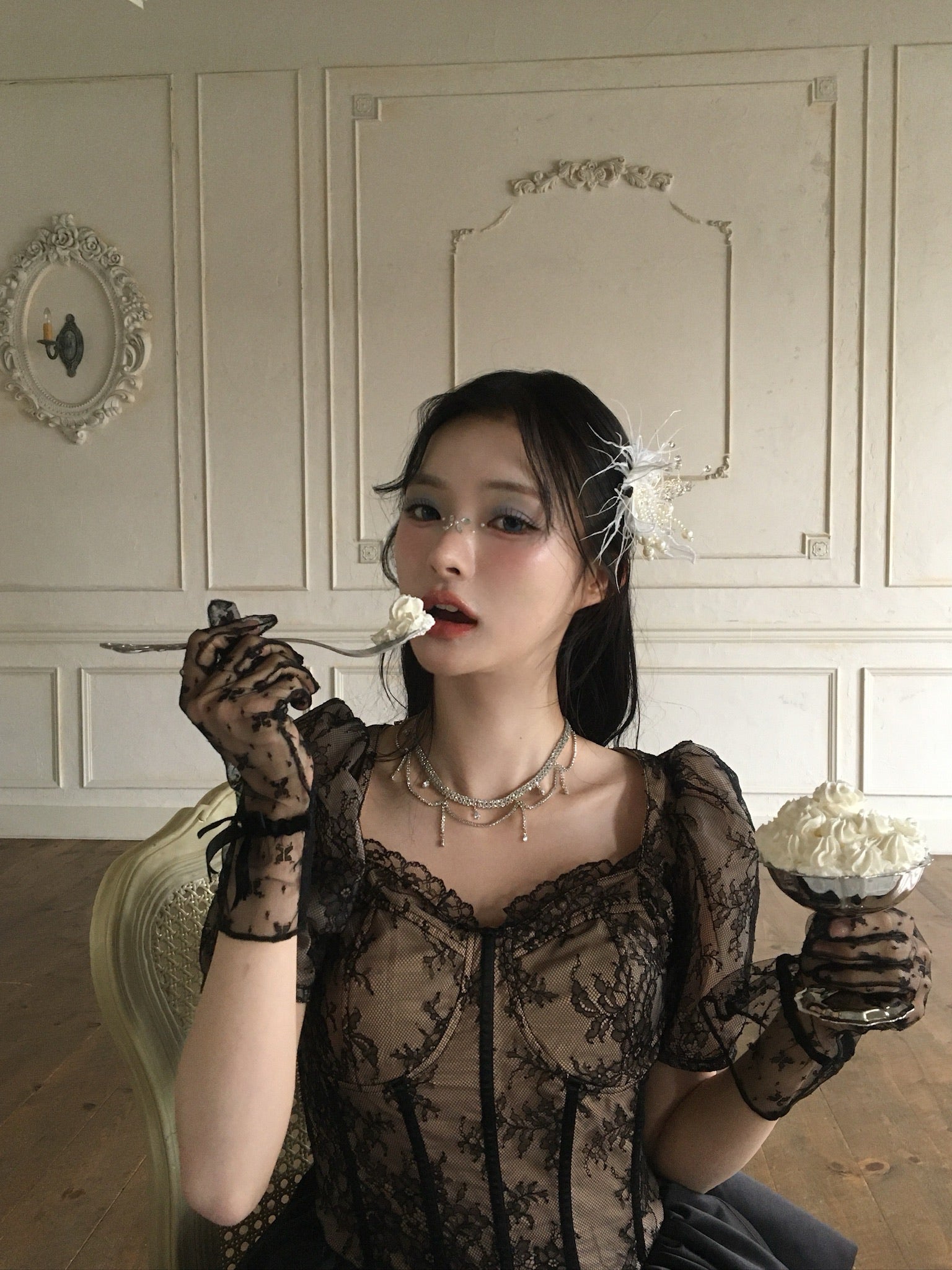 corset balloon lace satin dress (black) – Treat Ürself