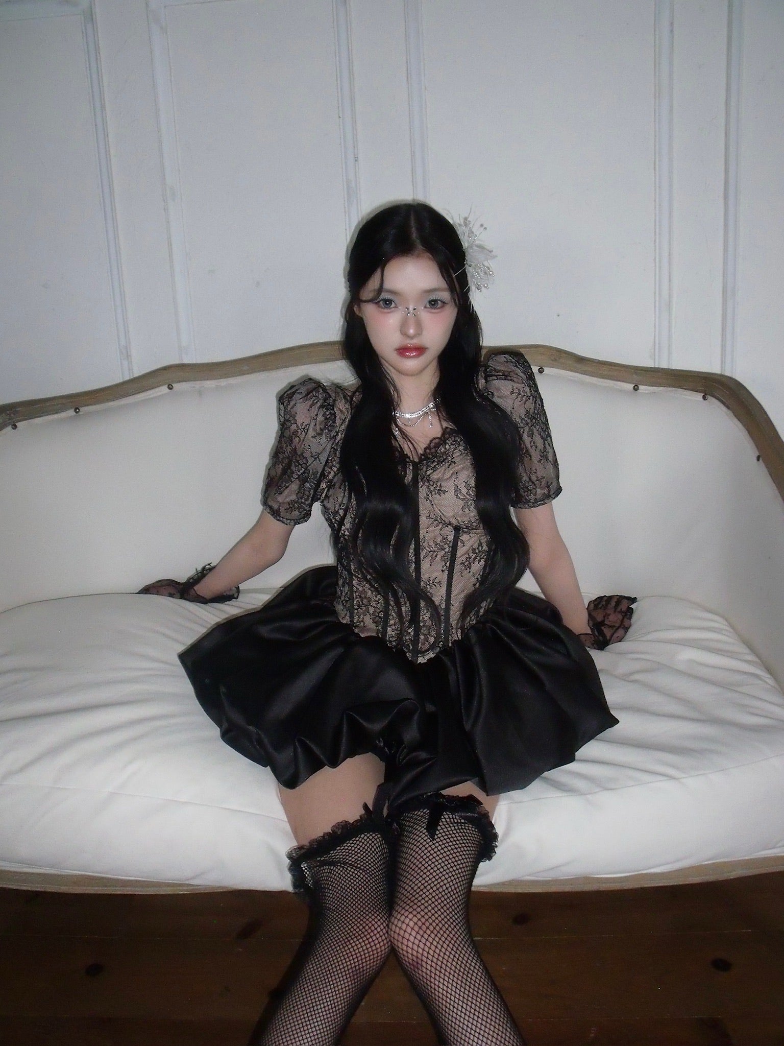 corset balloon lace satin dress (black)