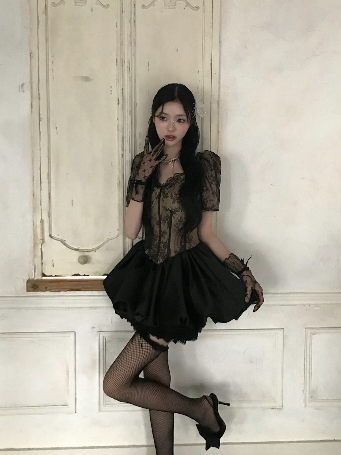corset balloon lace satin dress (black) – Treat Ürself
