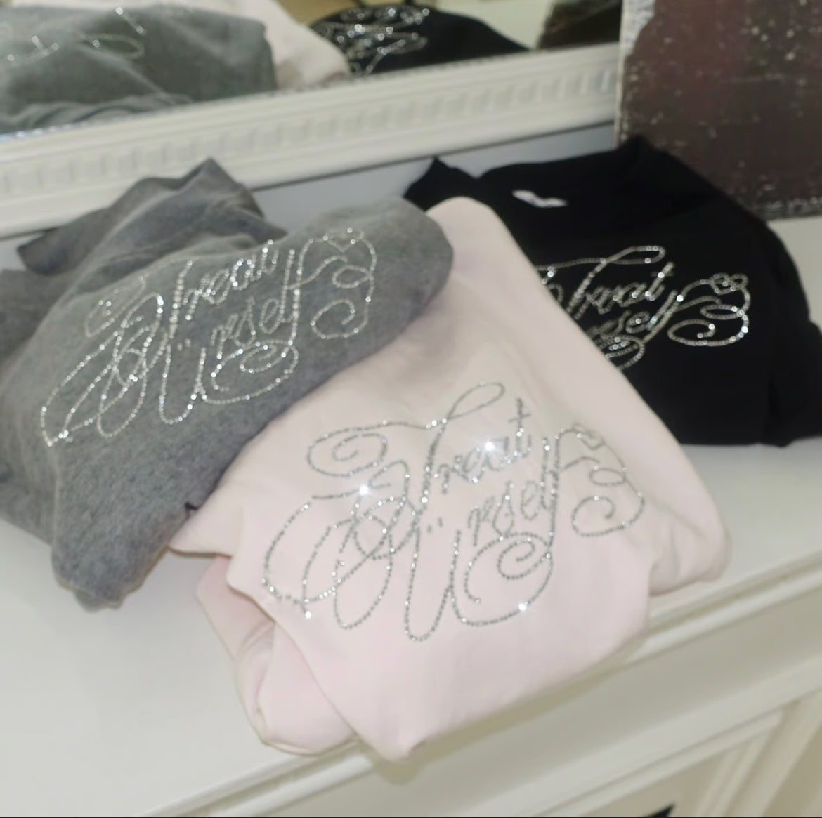 Treat Ürself logo rhinestone sweat