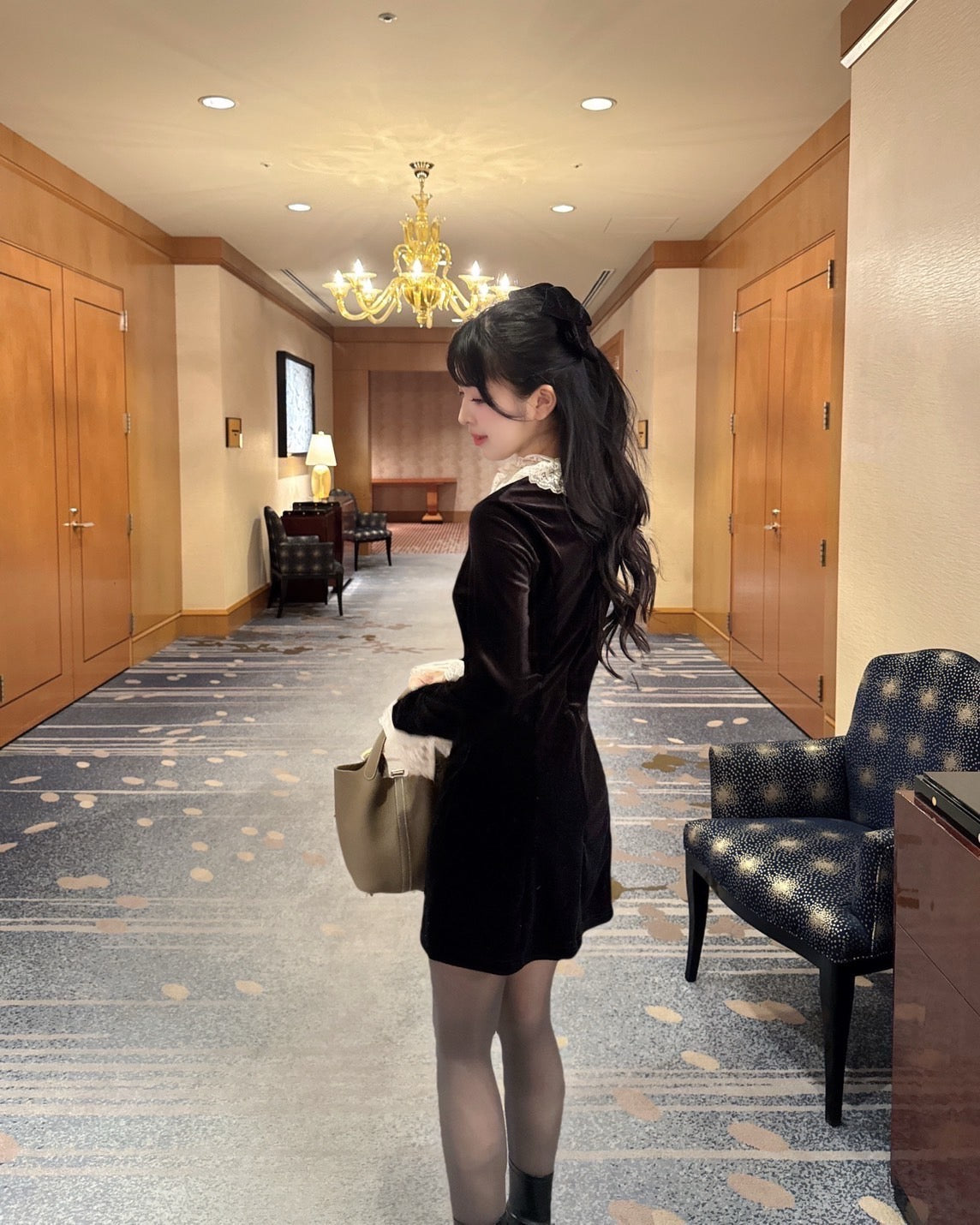 velours lace classical mini dress