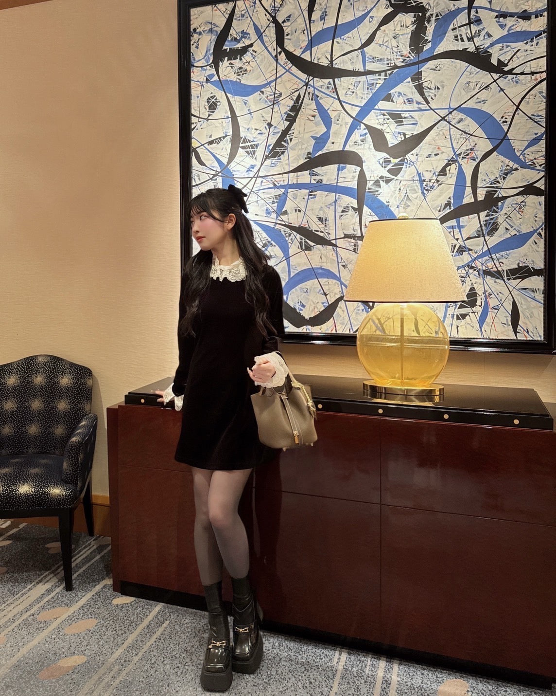 velours lace classical mini dress