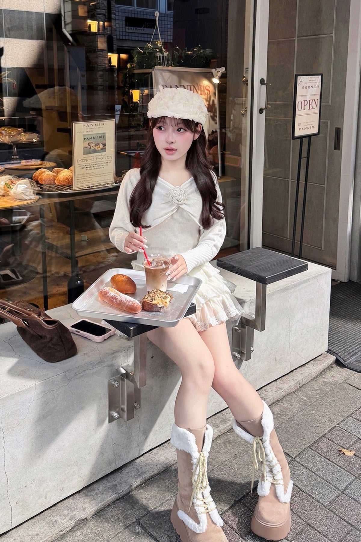 rose motif lame knit ensemble