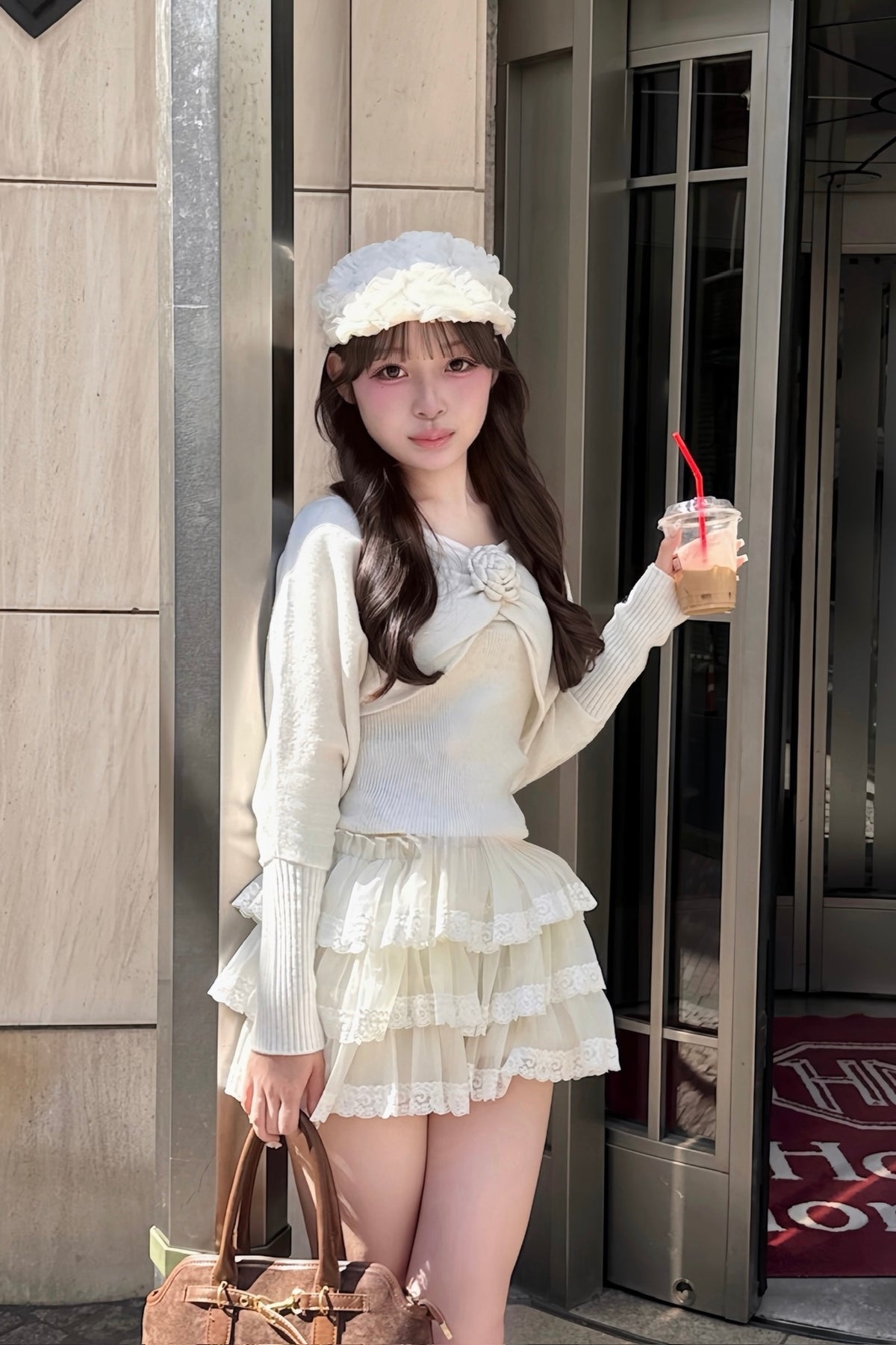 rose motif lame knit ensemble