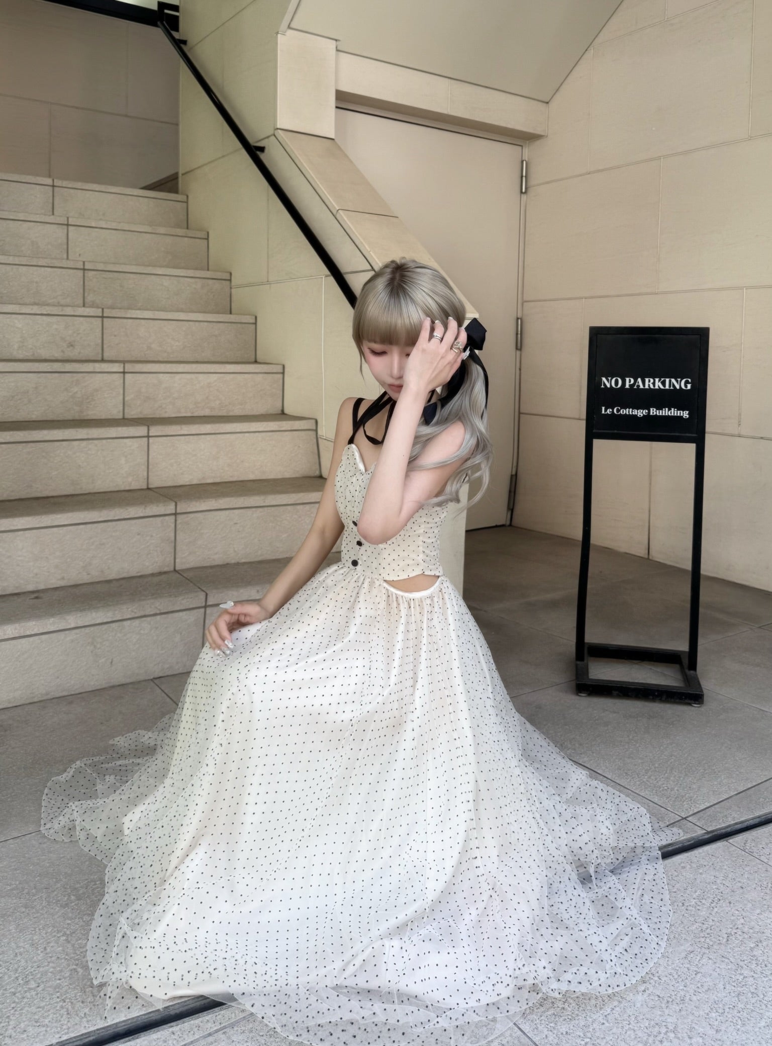 Dot tulle ribbon long dress