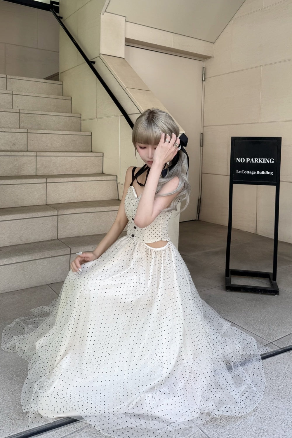 Dot tulle ribbon long dress