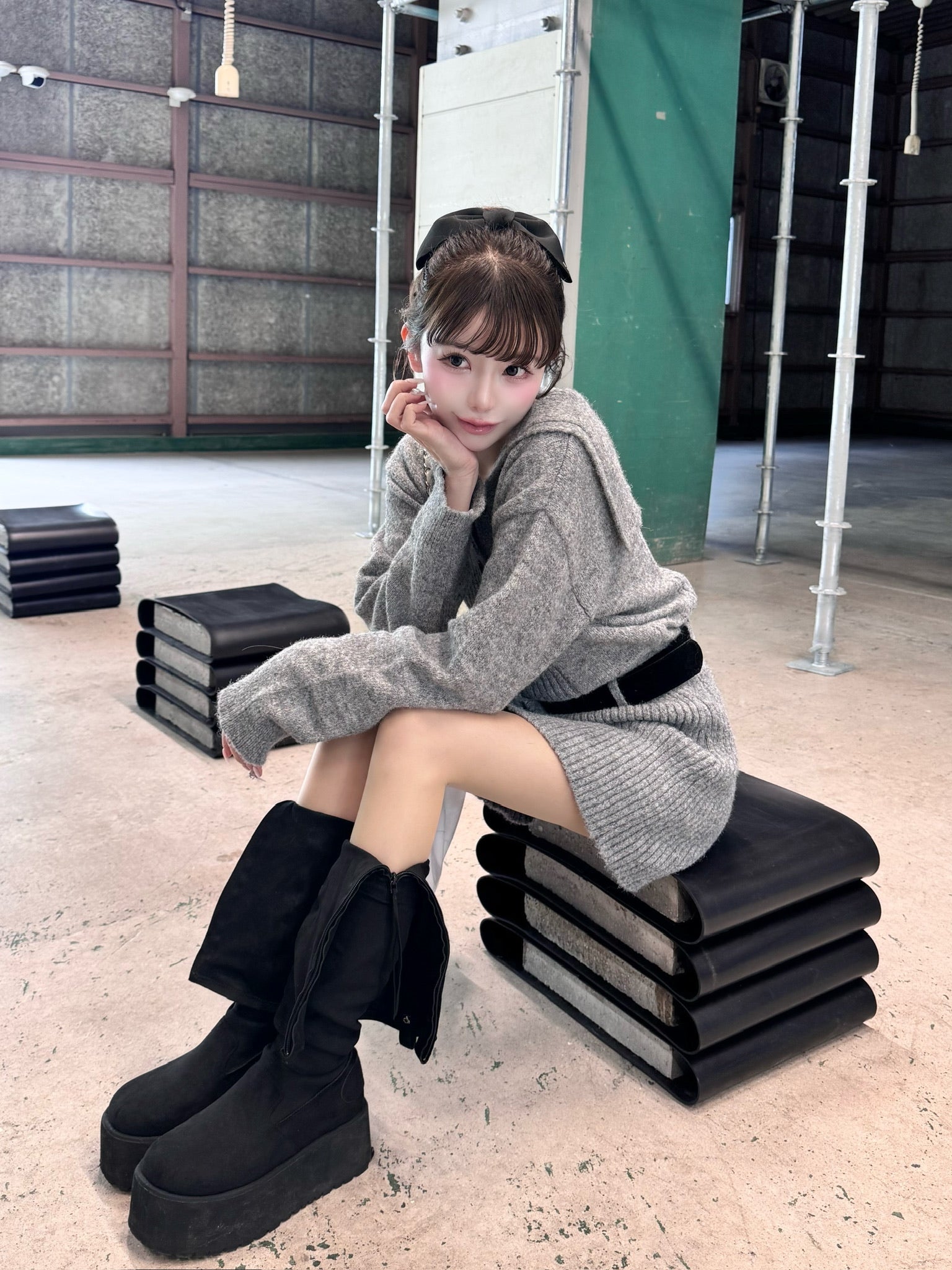 sailor collar knit one-piece (gray)