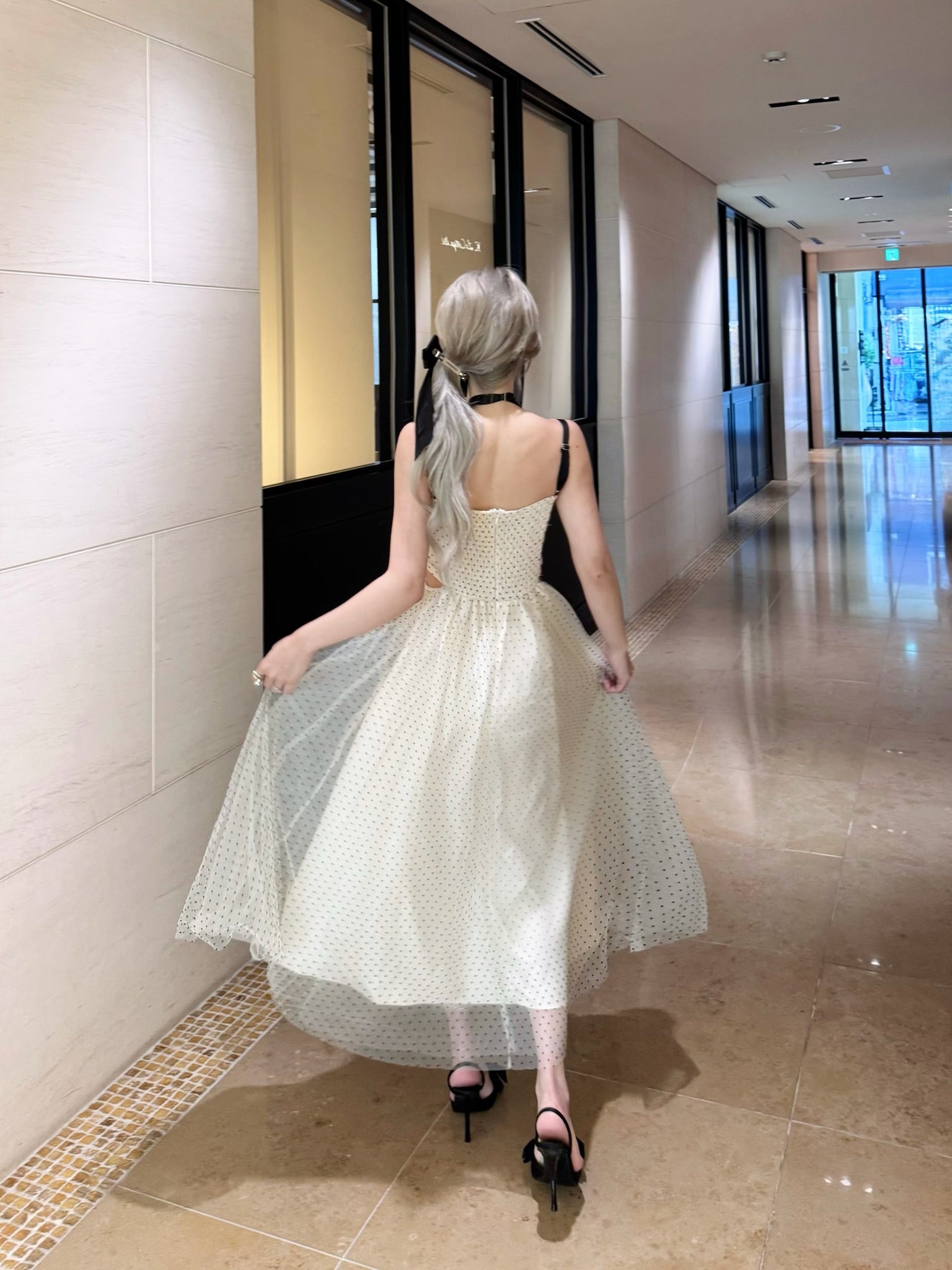 Dot tulle ribbon long dress