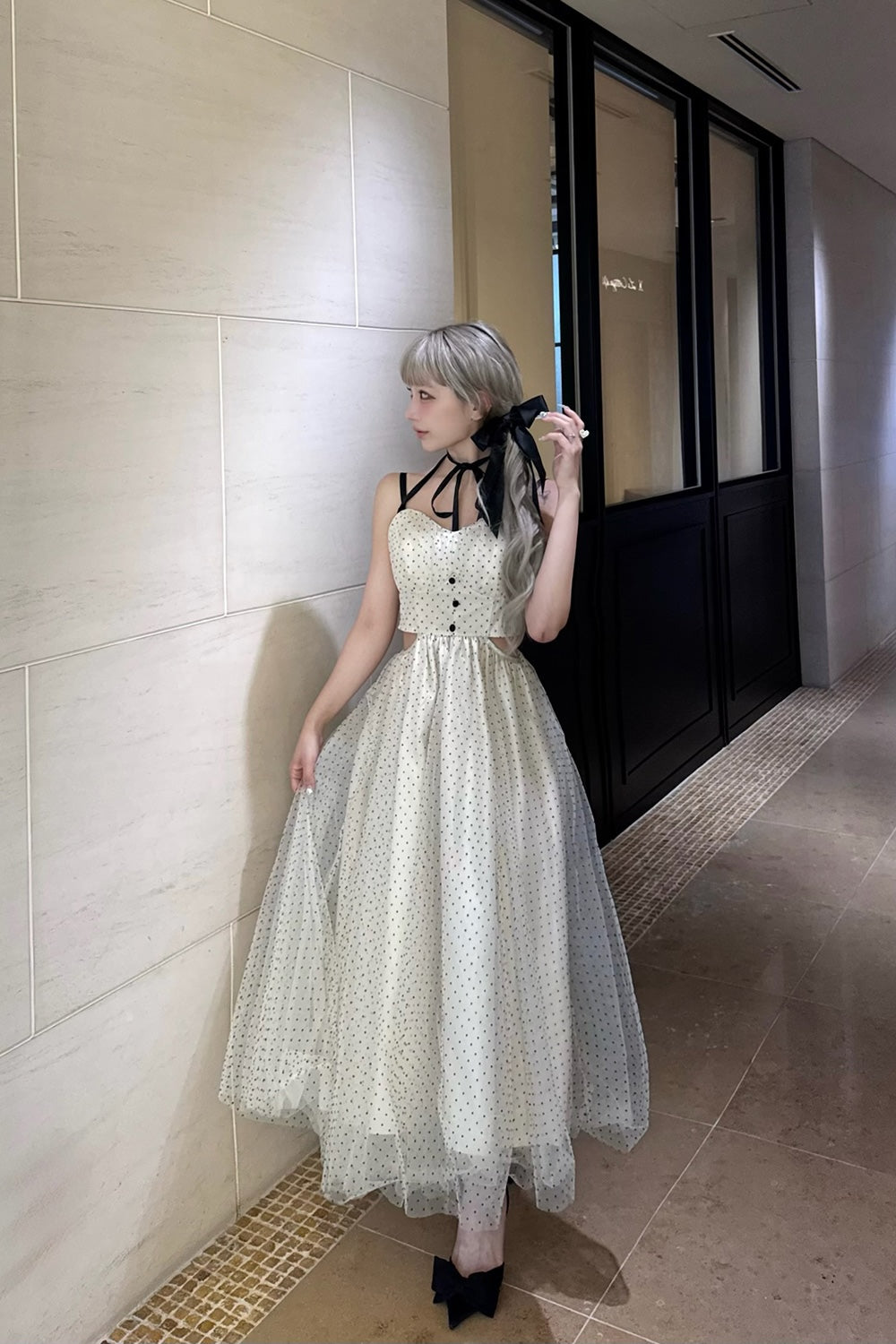 Dot tulle ribbon long dress