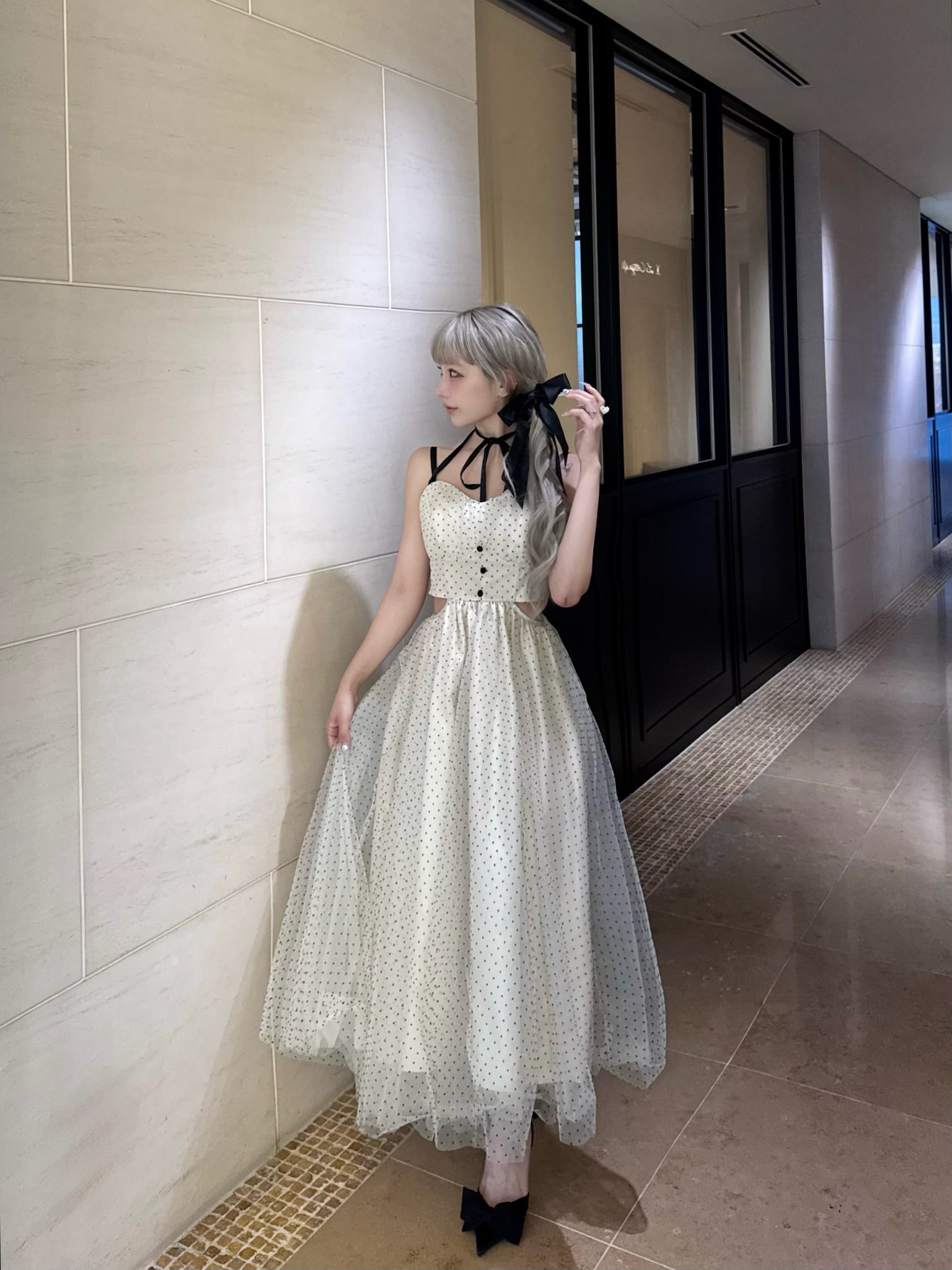 Dot tulle ribbon long dress