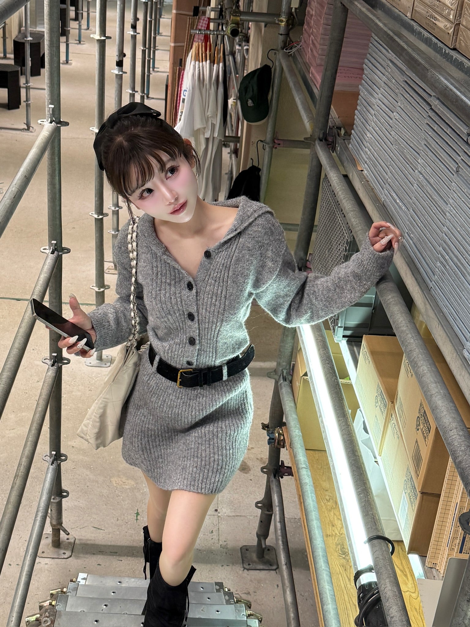 sailor collar knit one-piece (gray)