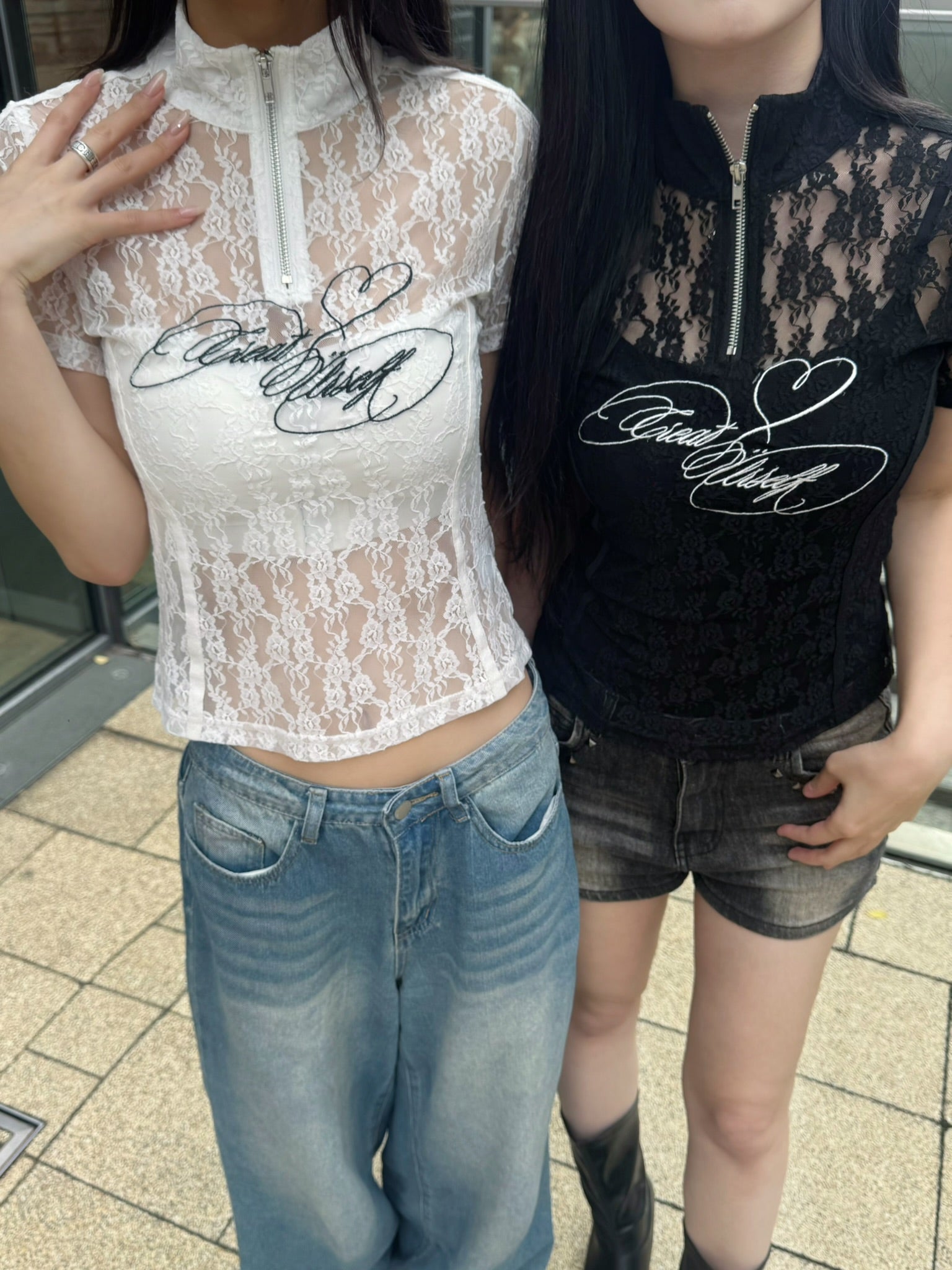 Logo lace half-zip tops