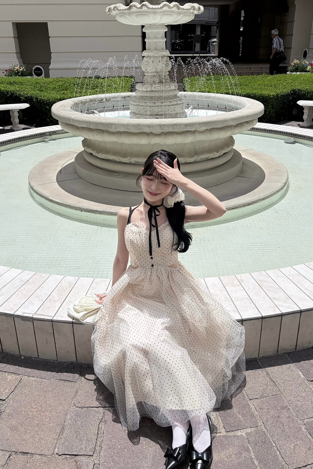 Dot tulle ribbon long dress