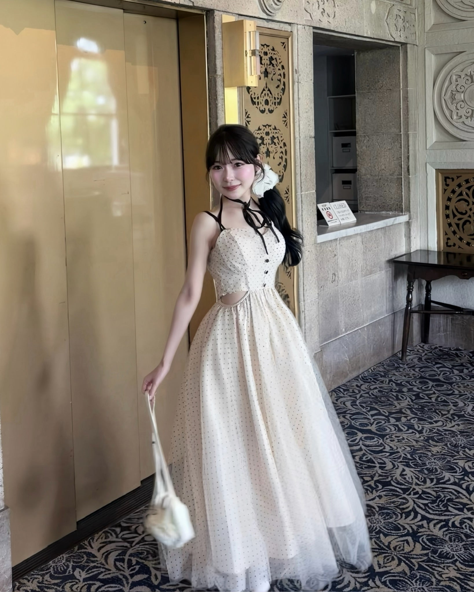 Dot tulle ribbon long dress