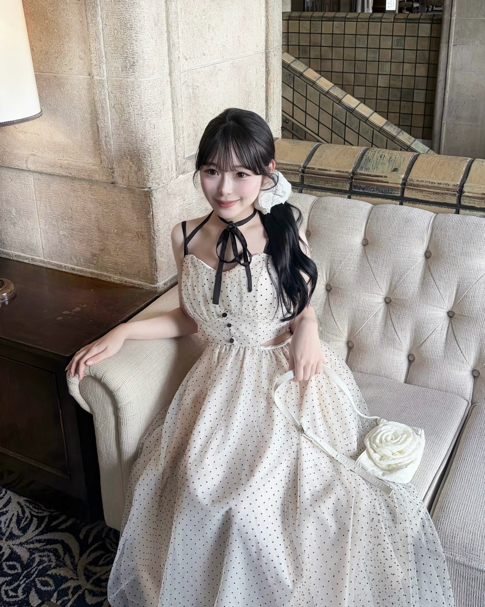 Dot tulle ribbon long dress