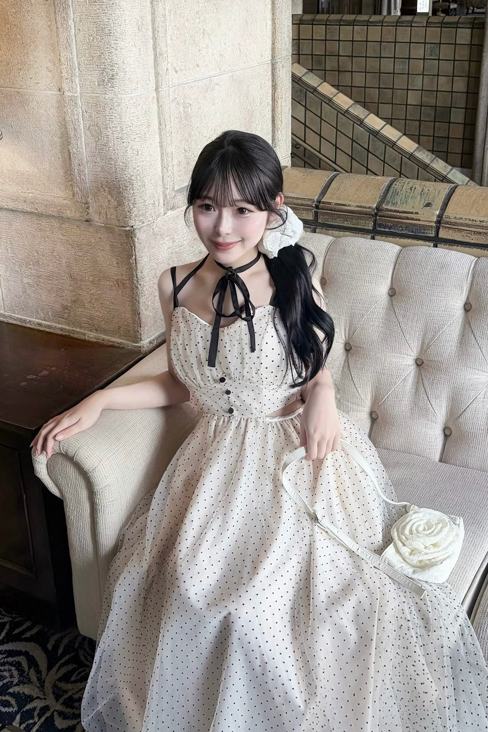 Dot tulle ribbon long dress