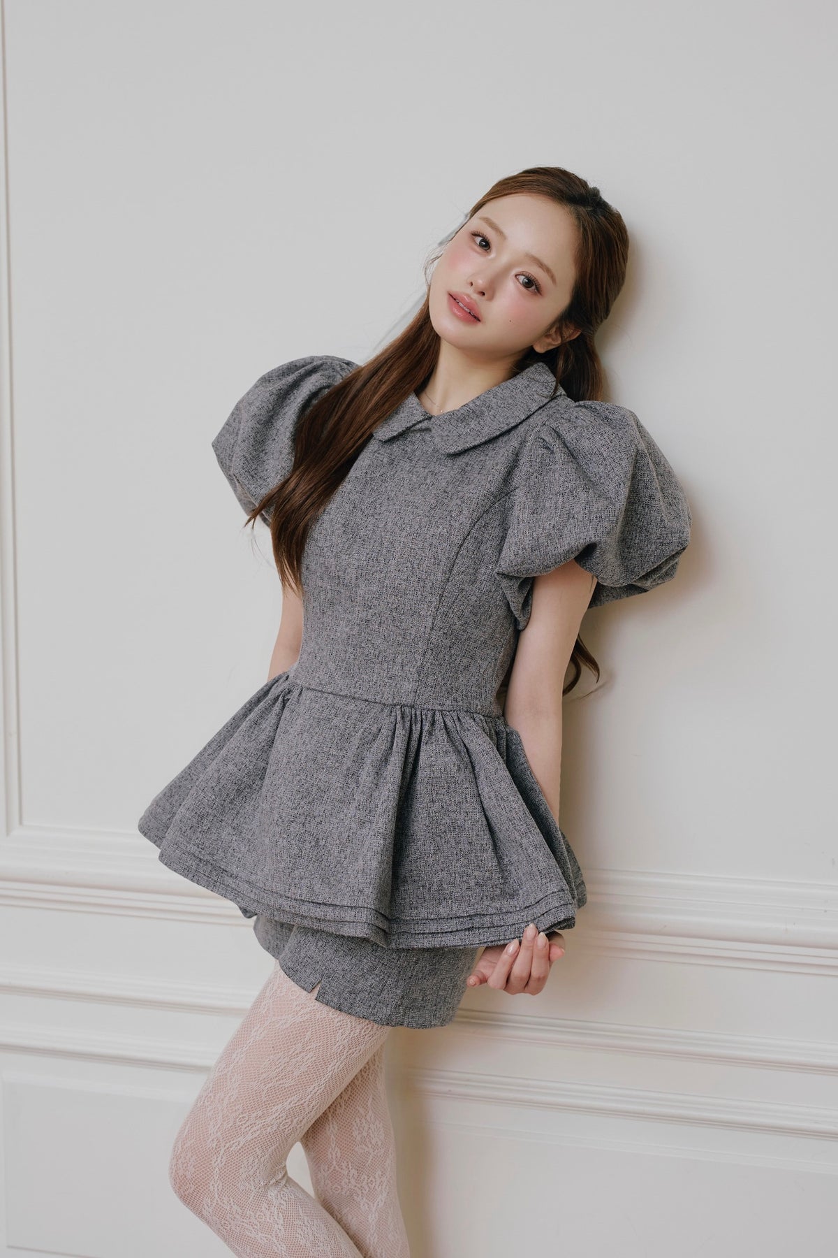 Daisy puff sleeve tweed tops
