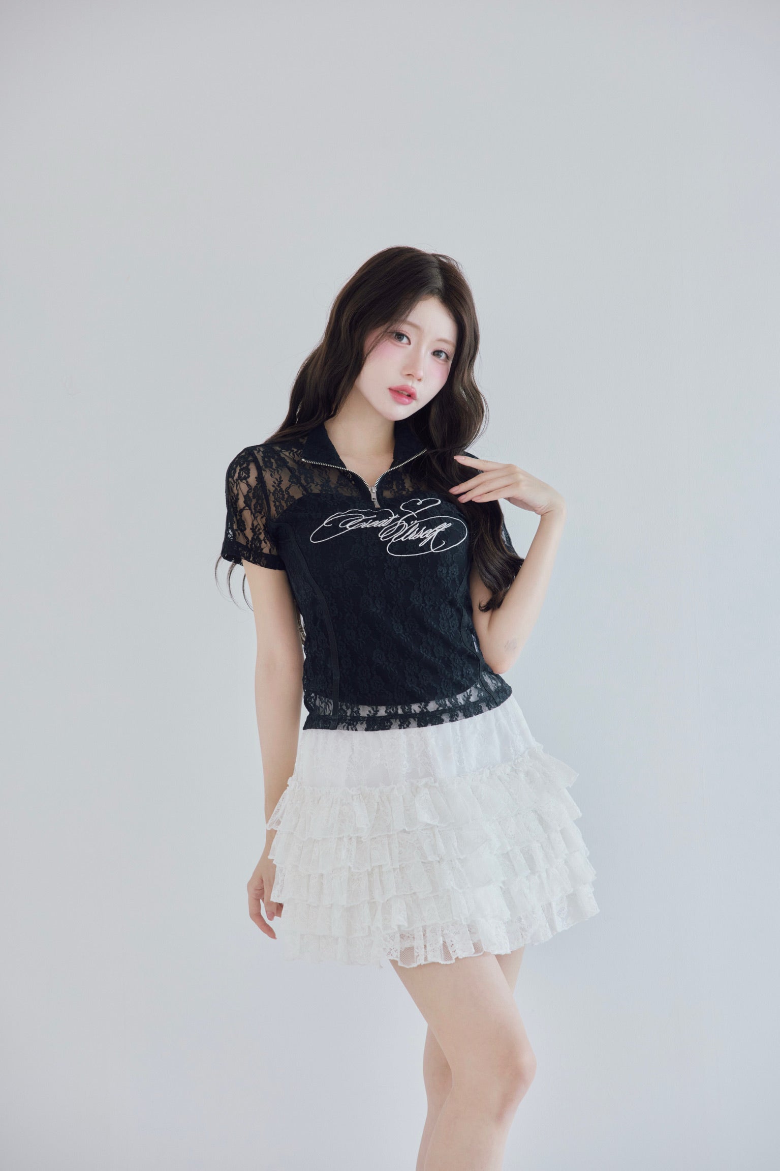 Logo lace half-zip tops