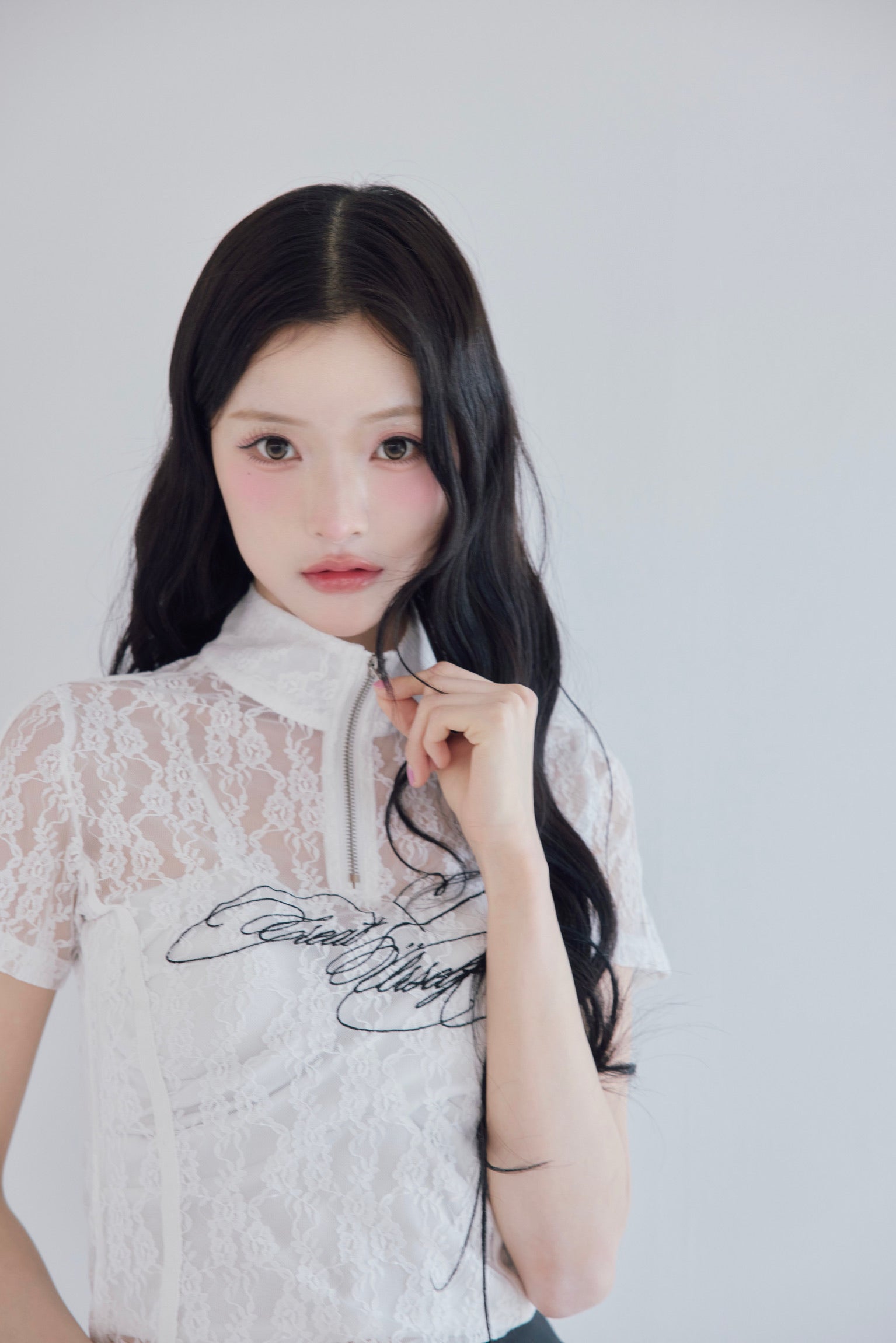 Logo lace half-zip tops