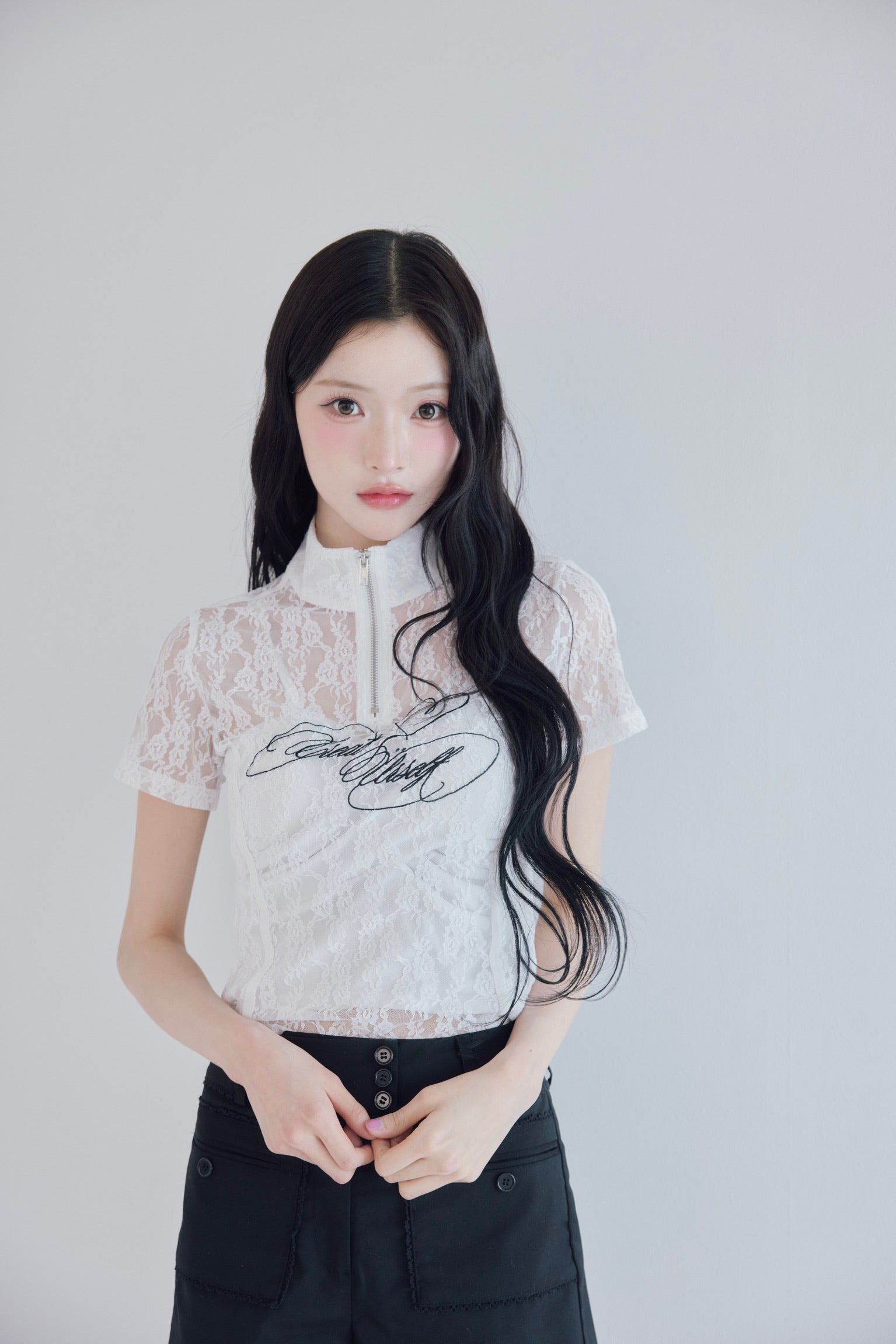 Logo lace half-zip tops