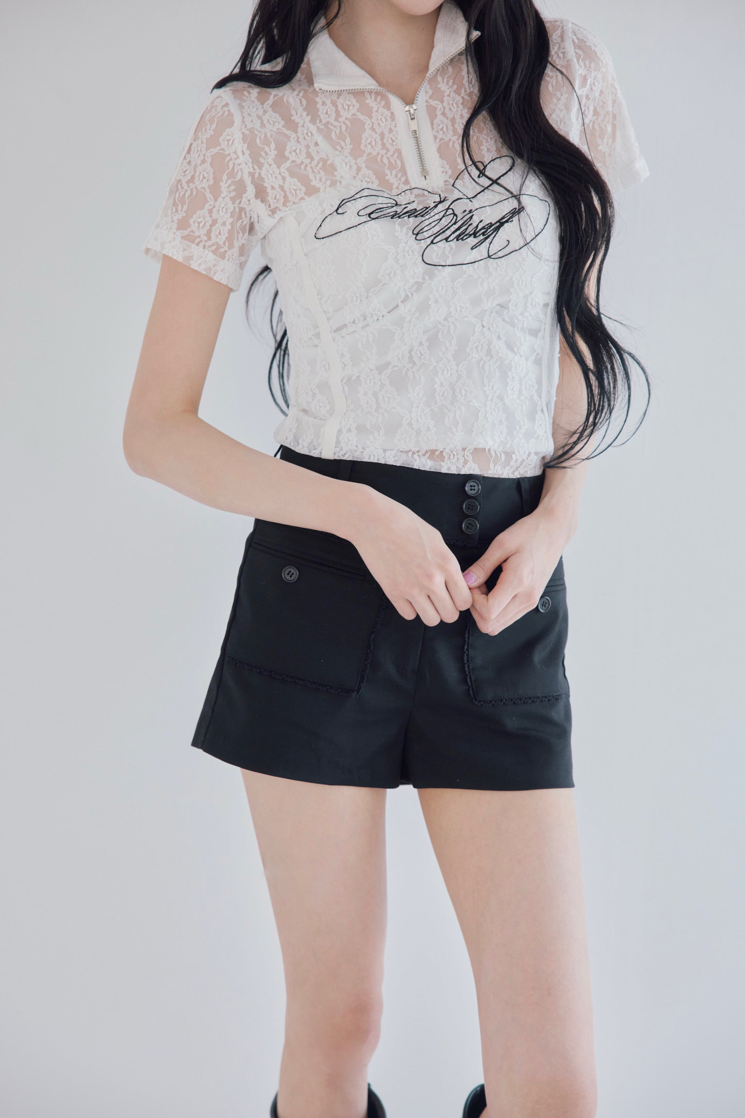 Logo lace half-zip tops