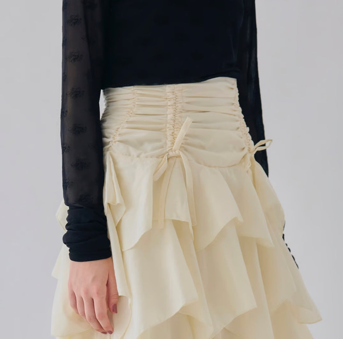 drawstring ribbon tiered long skirt