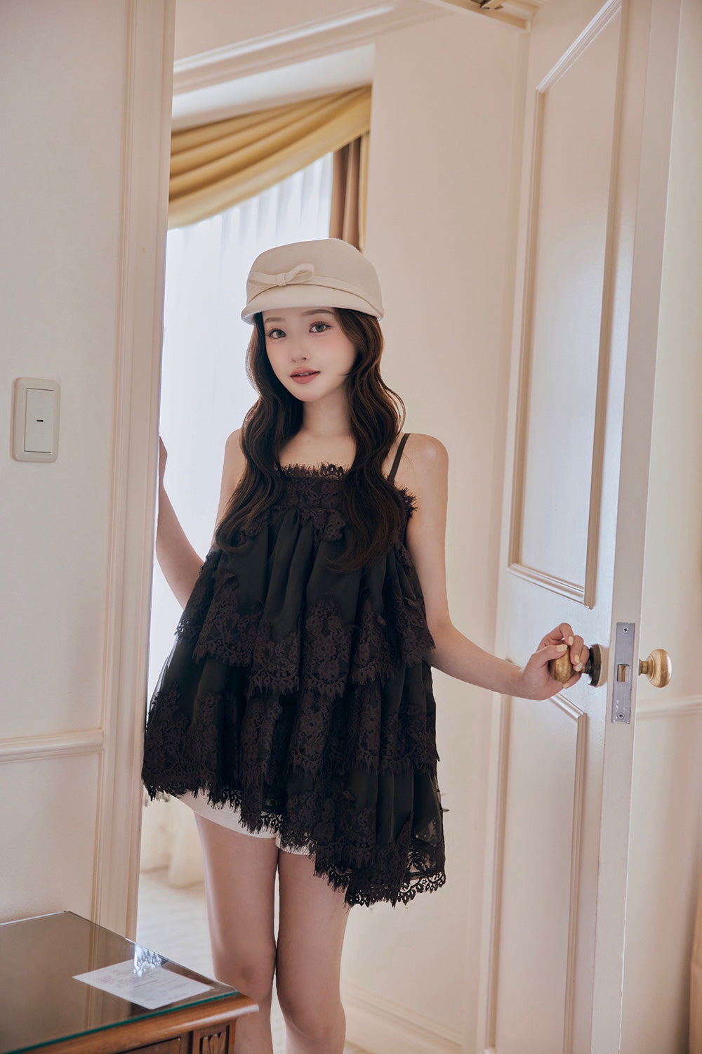 Volume lace sheer cami tops