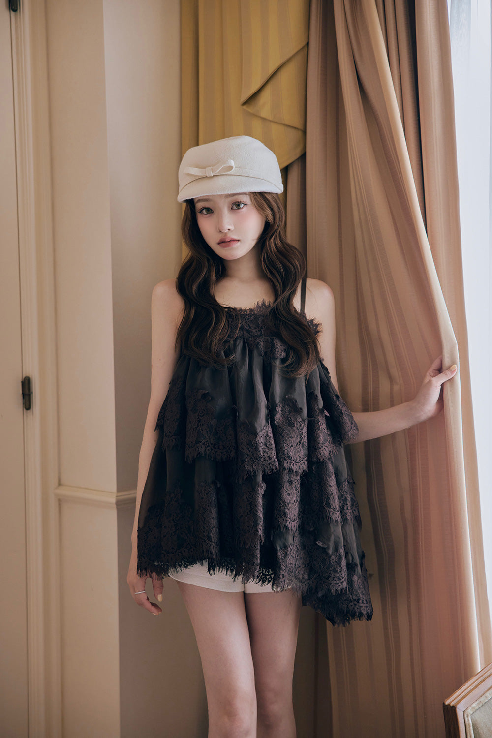 Volume lace sheer cami tops