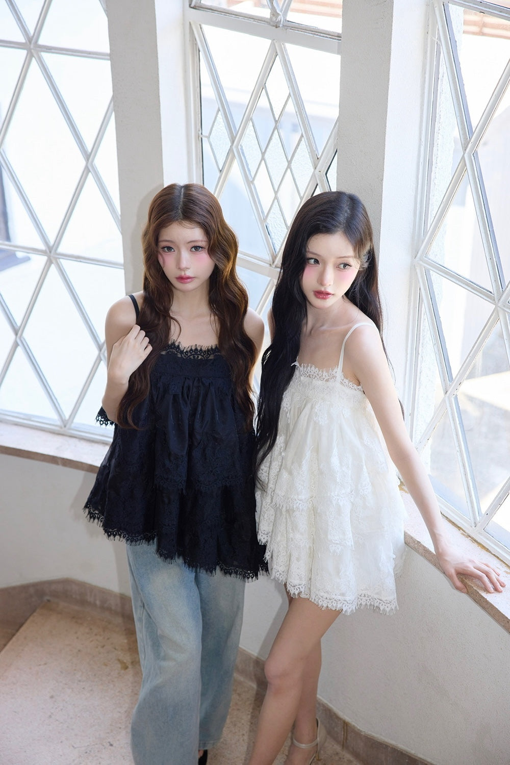 Volume lace sheer cami tops