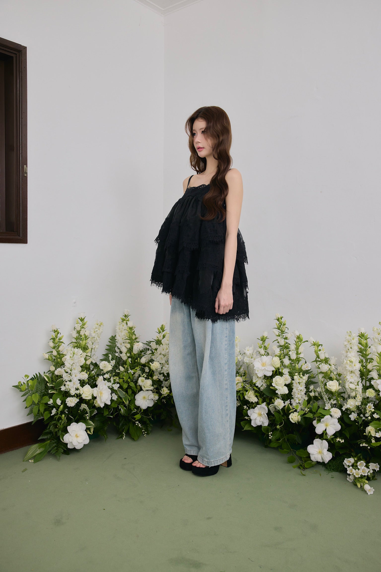 Volume lace sheer cami tops