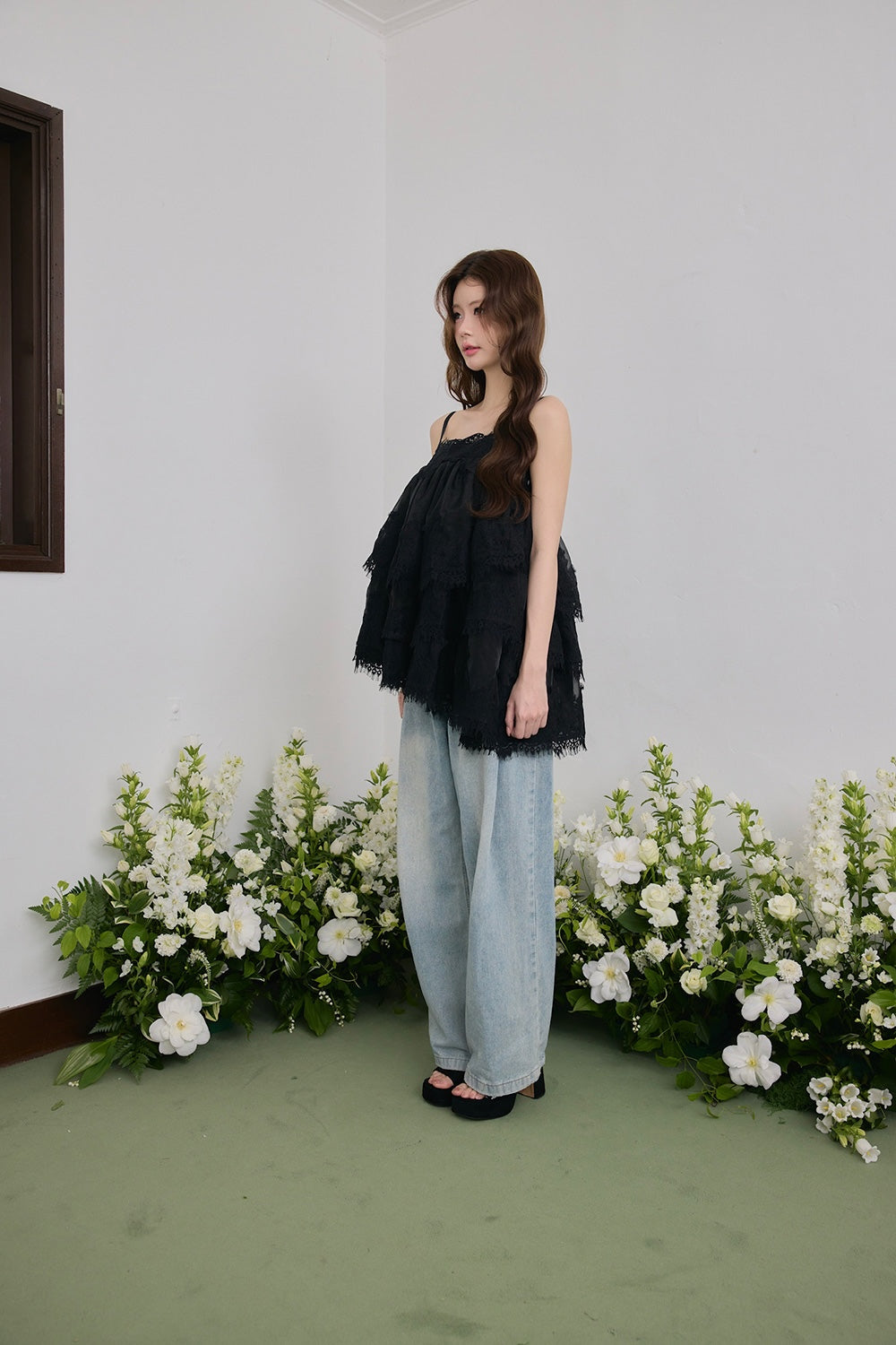 Volume lace sheer cami tops