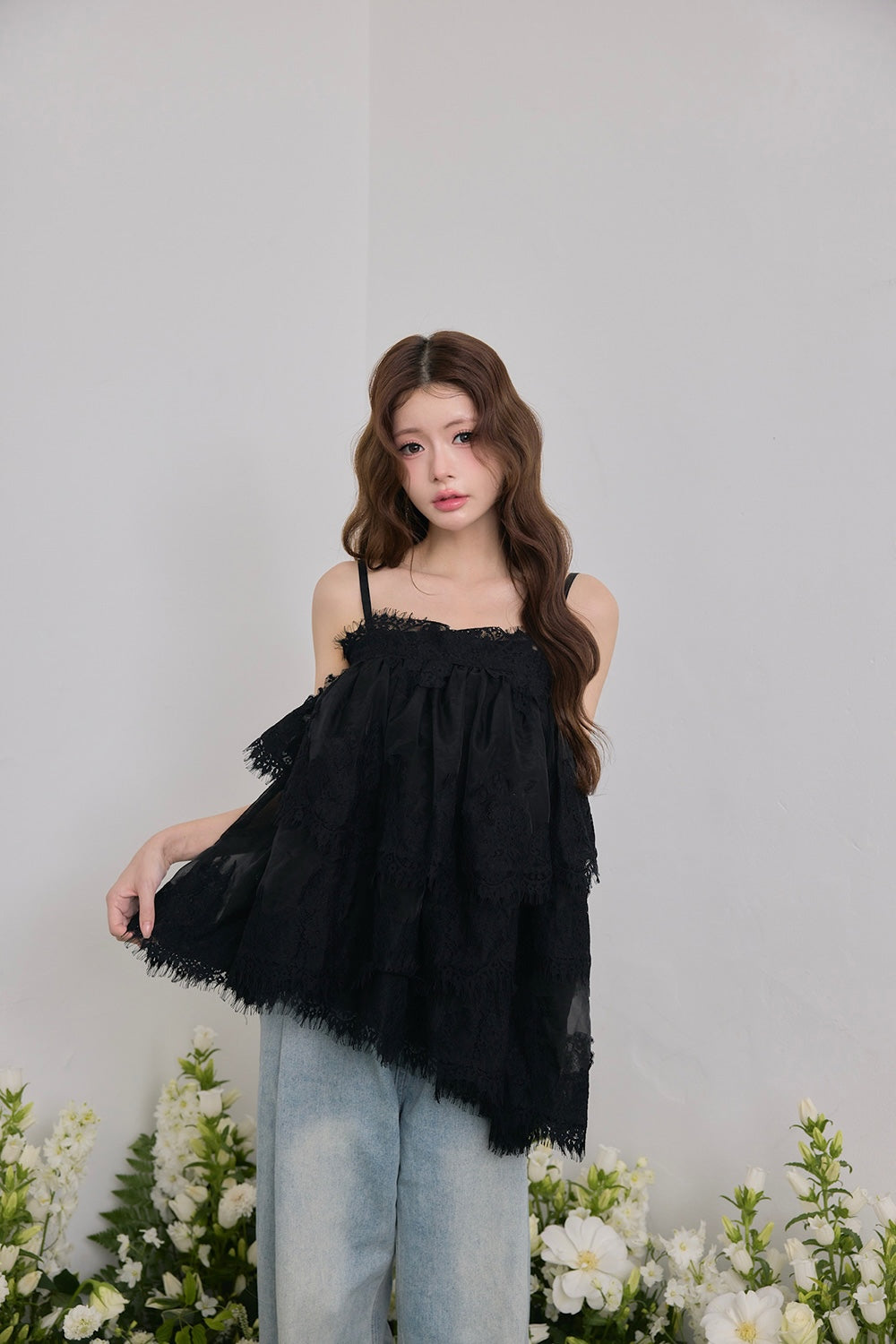 Volume lace sheer cami tops