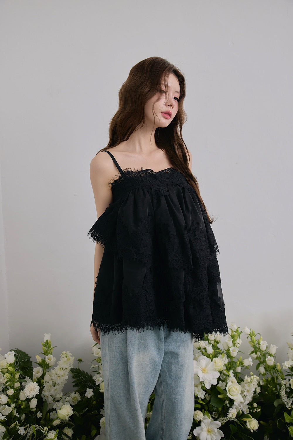 Volume lace sheer cami tops