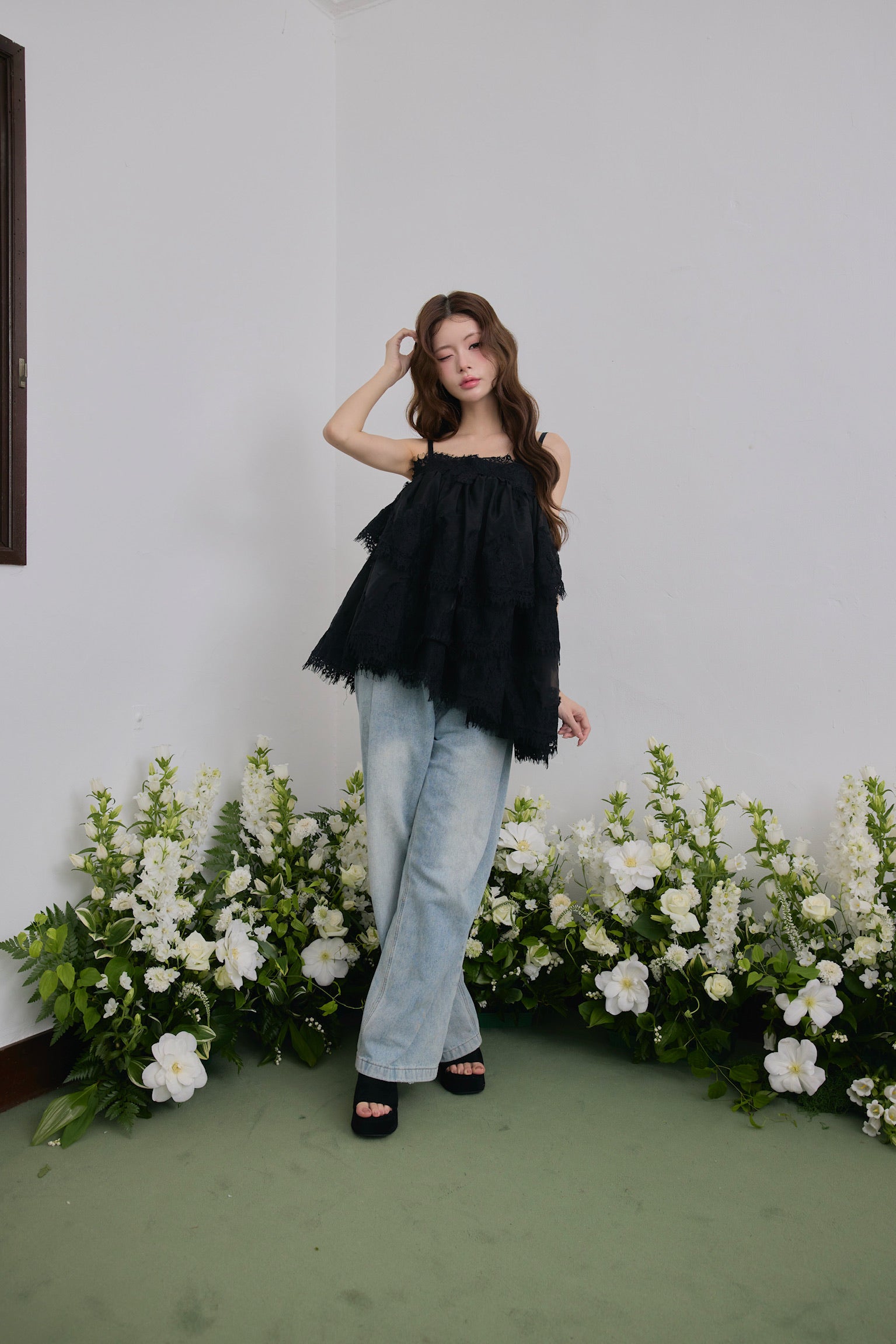Volume lace sheer cami tops