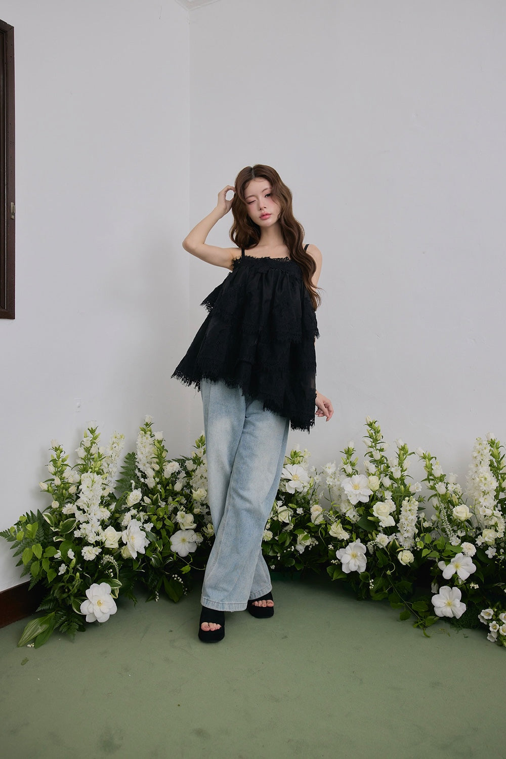 Volume lace sheer cami tops