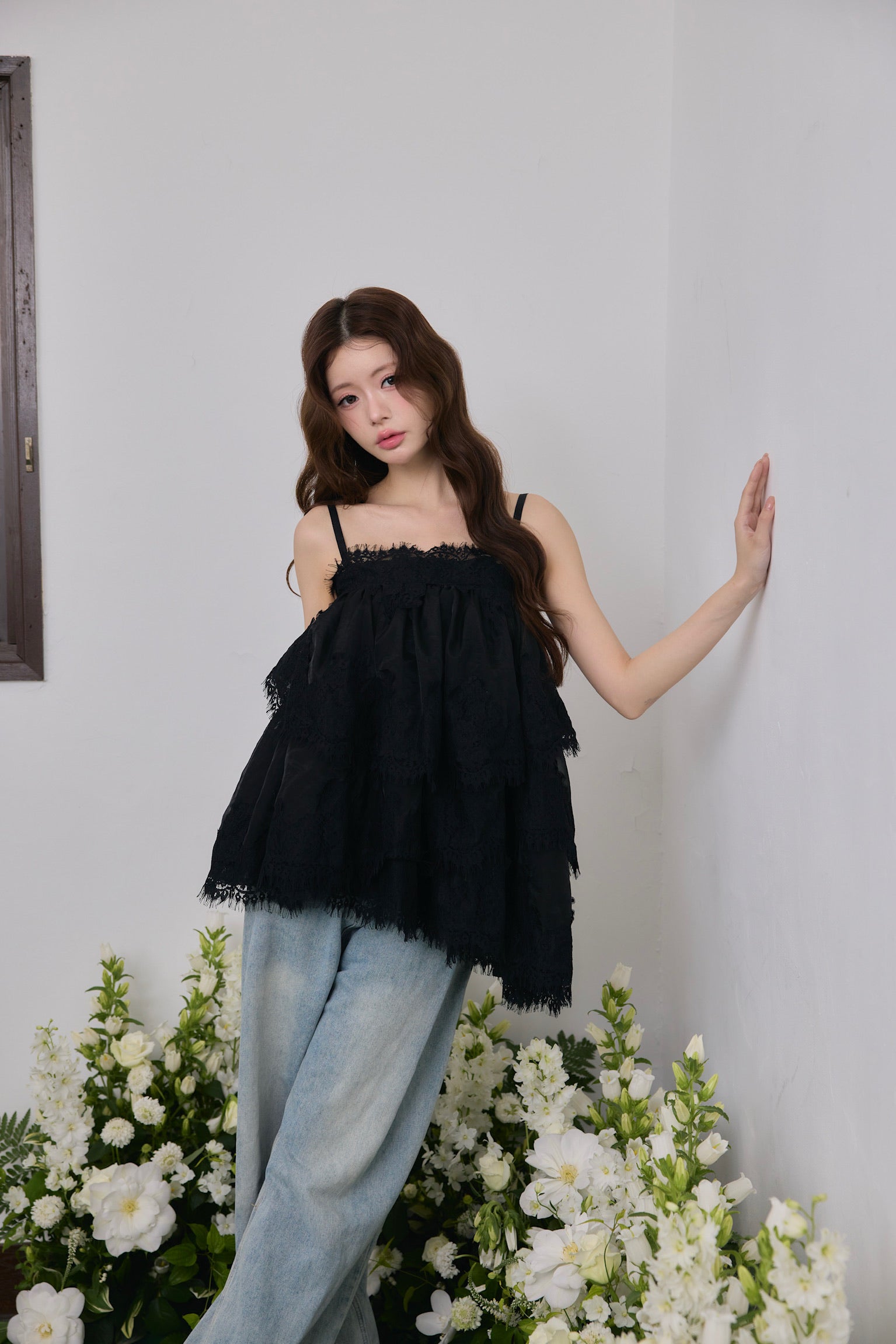 Volume lace sheer cami tops