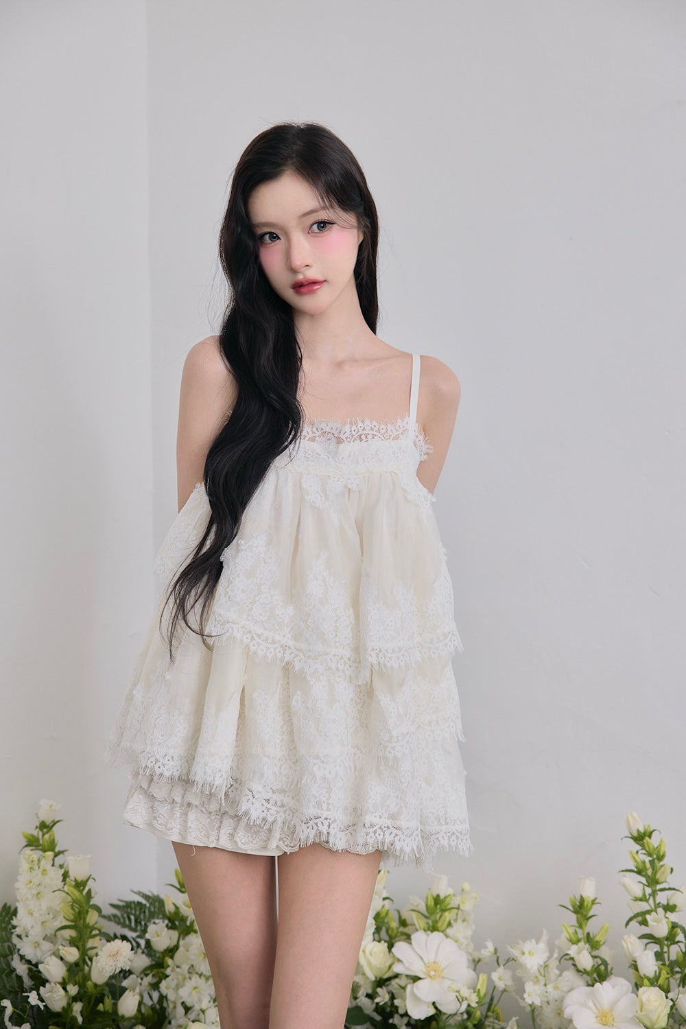 Volume lace sheer cami tops