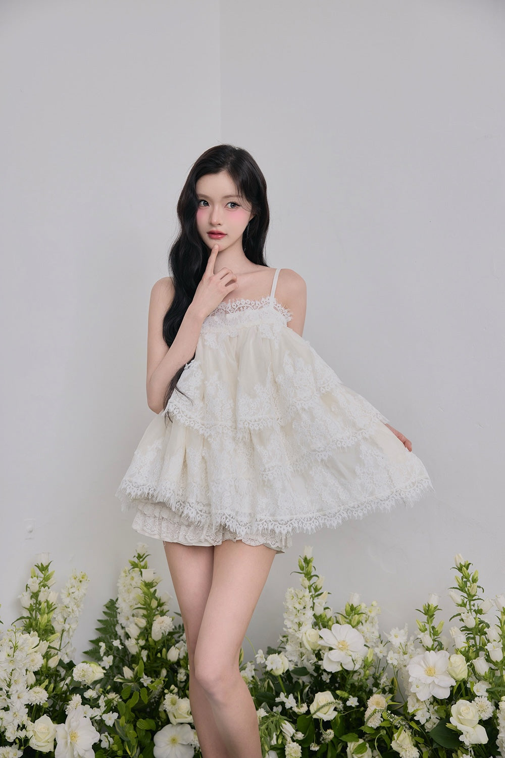 Volume lace sheer cami tops