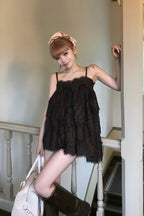 Volume lace sheer cami tops