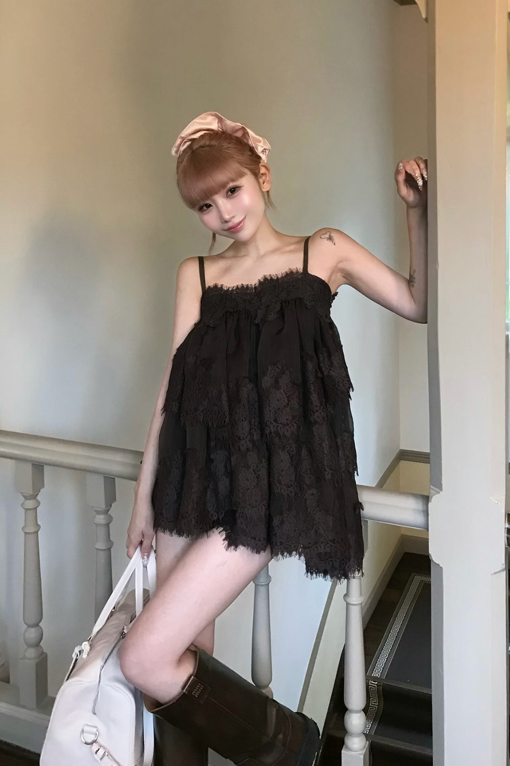 Volume lace sheer cami tops