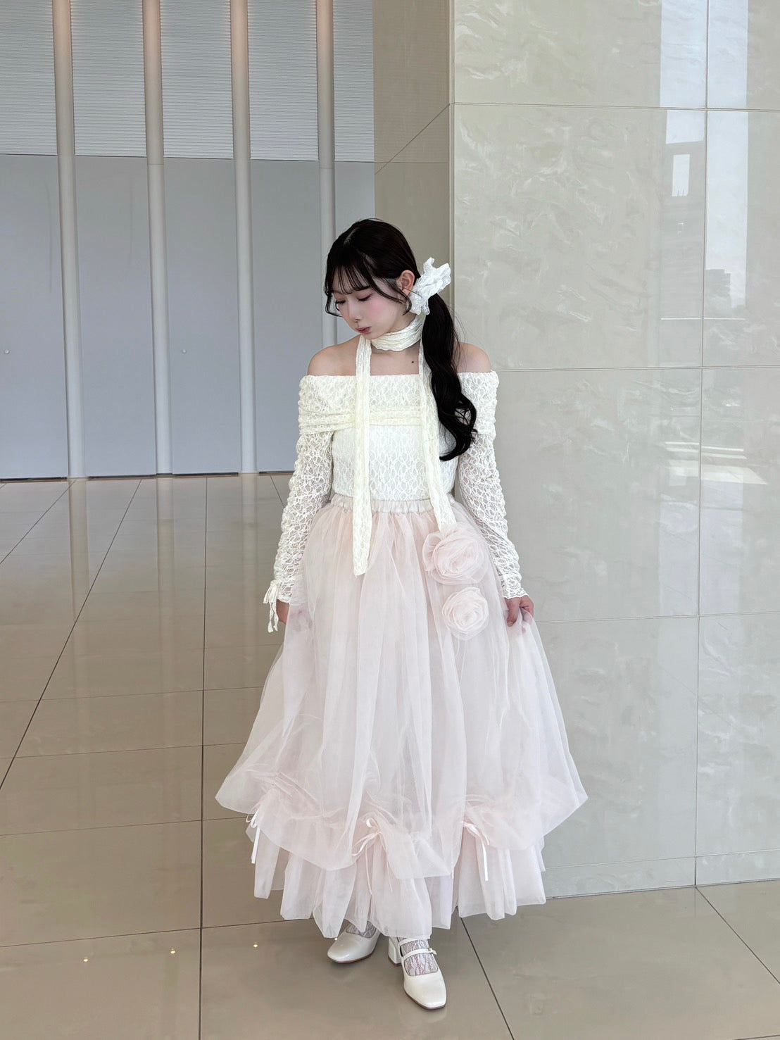 【Delivery within 2 weeks】Rose motif ribbon tulle skirt(long)