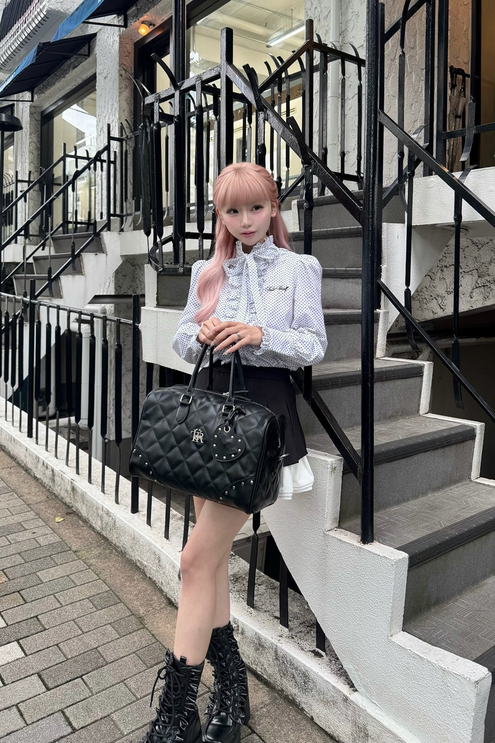 Stand collar frill blouse