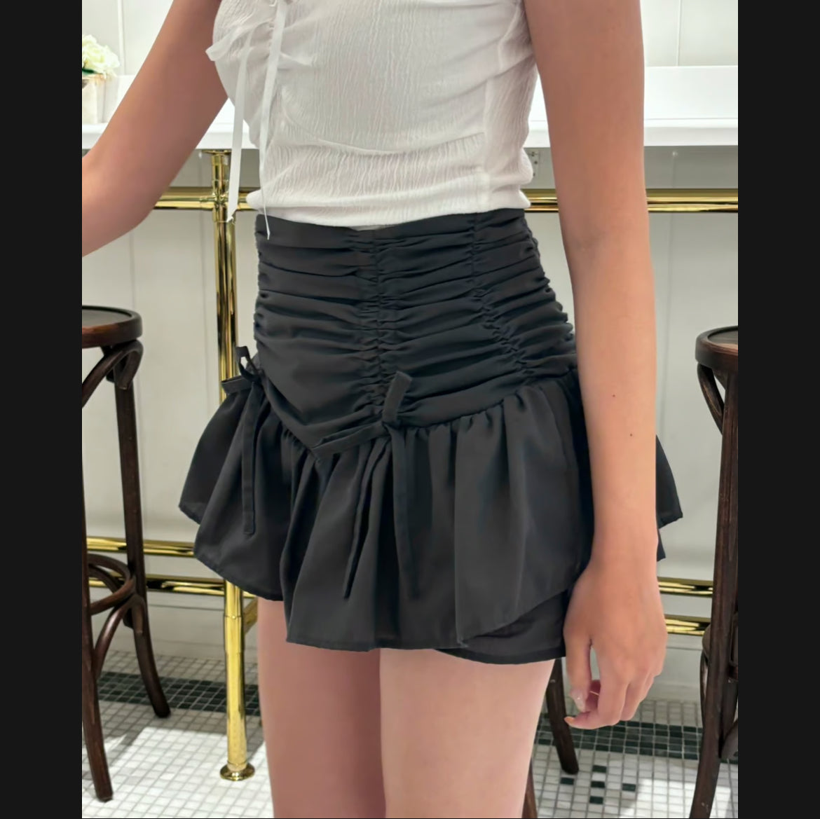 drawstring ribbon tiered skirt pants