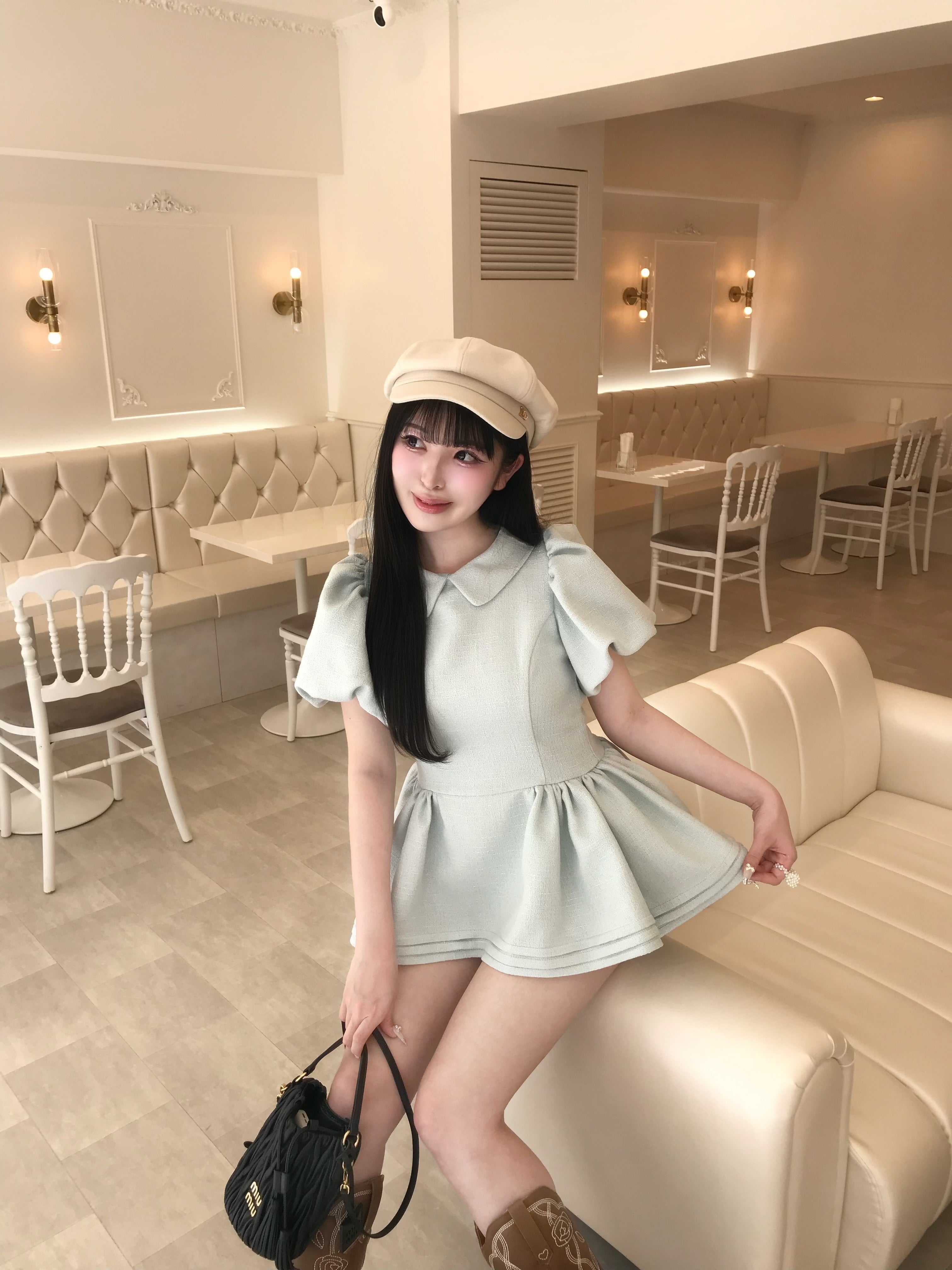 Daisy puff sleeve tweed tops