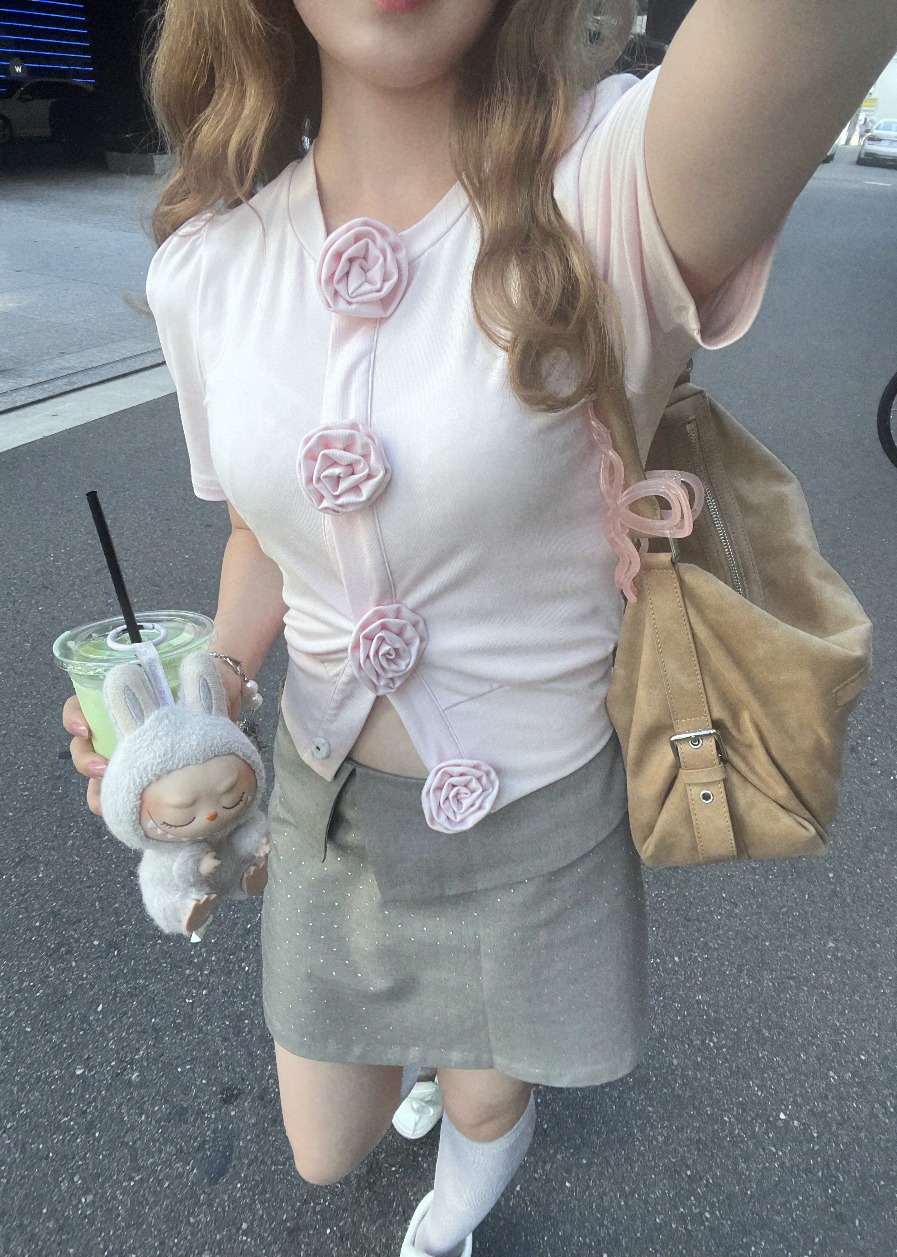 Rose flower motif short sleeve cardigan