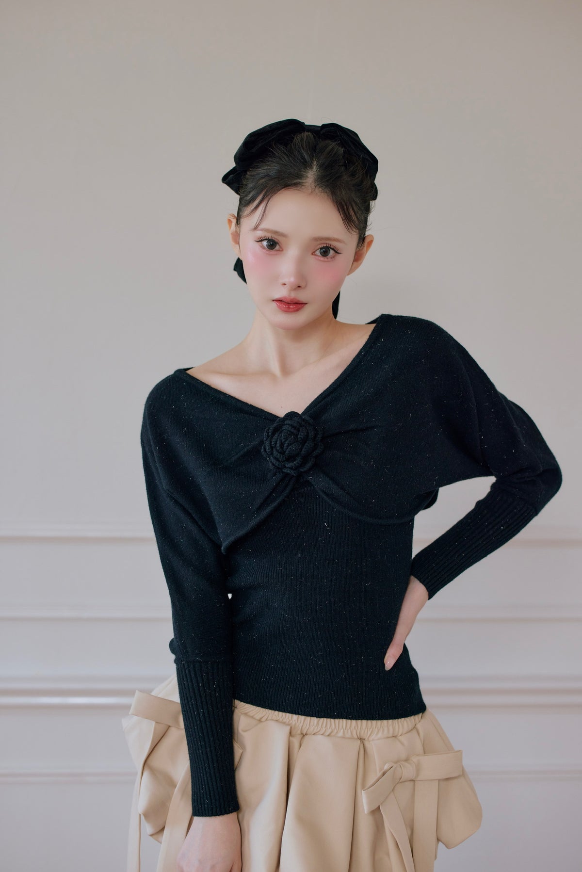 rose motif lame knit ensemble