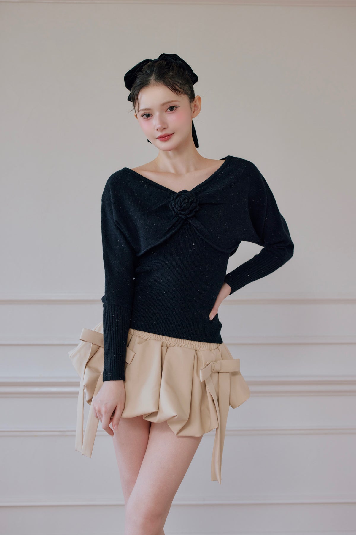 rose motif lame knit ensemble