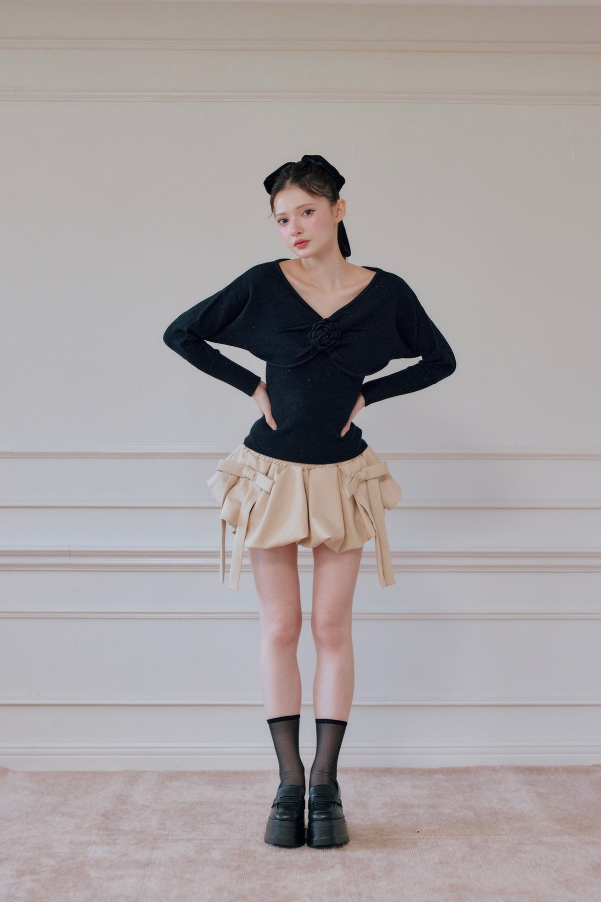 rose motif lame knit ensemble