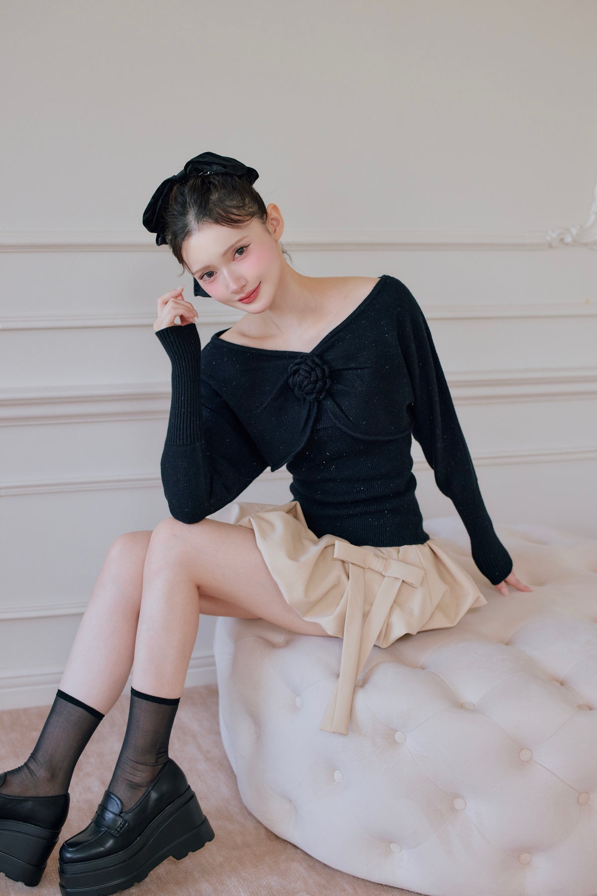 rose motif lame knit ensemble