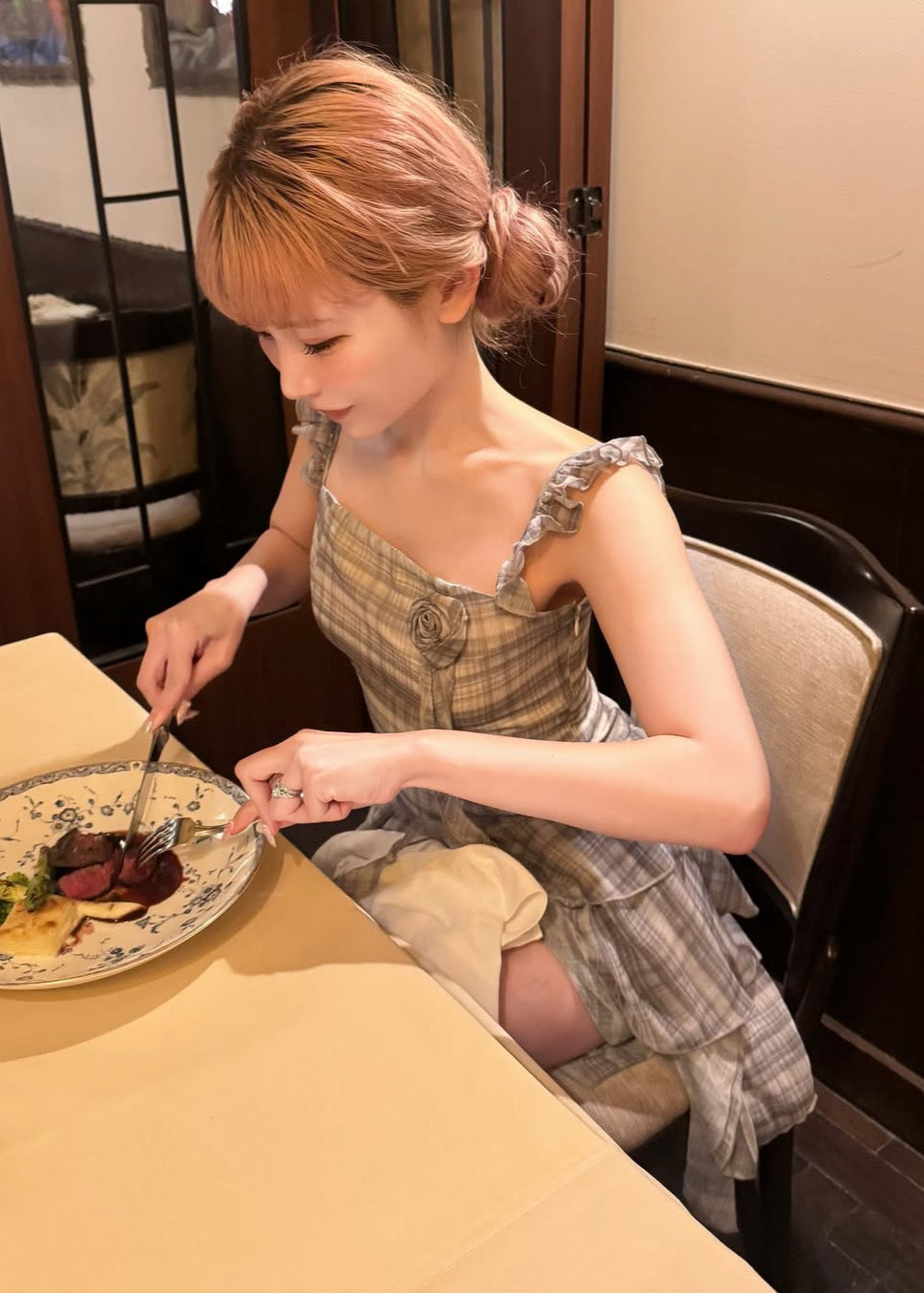 Rosy check frill dress